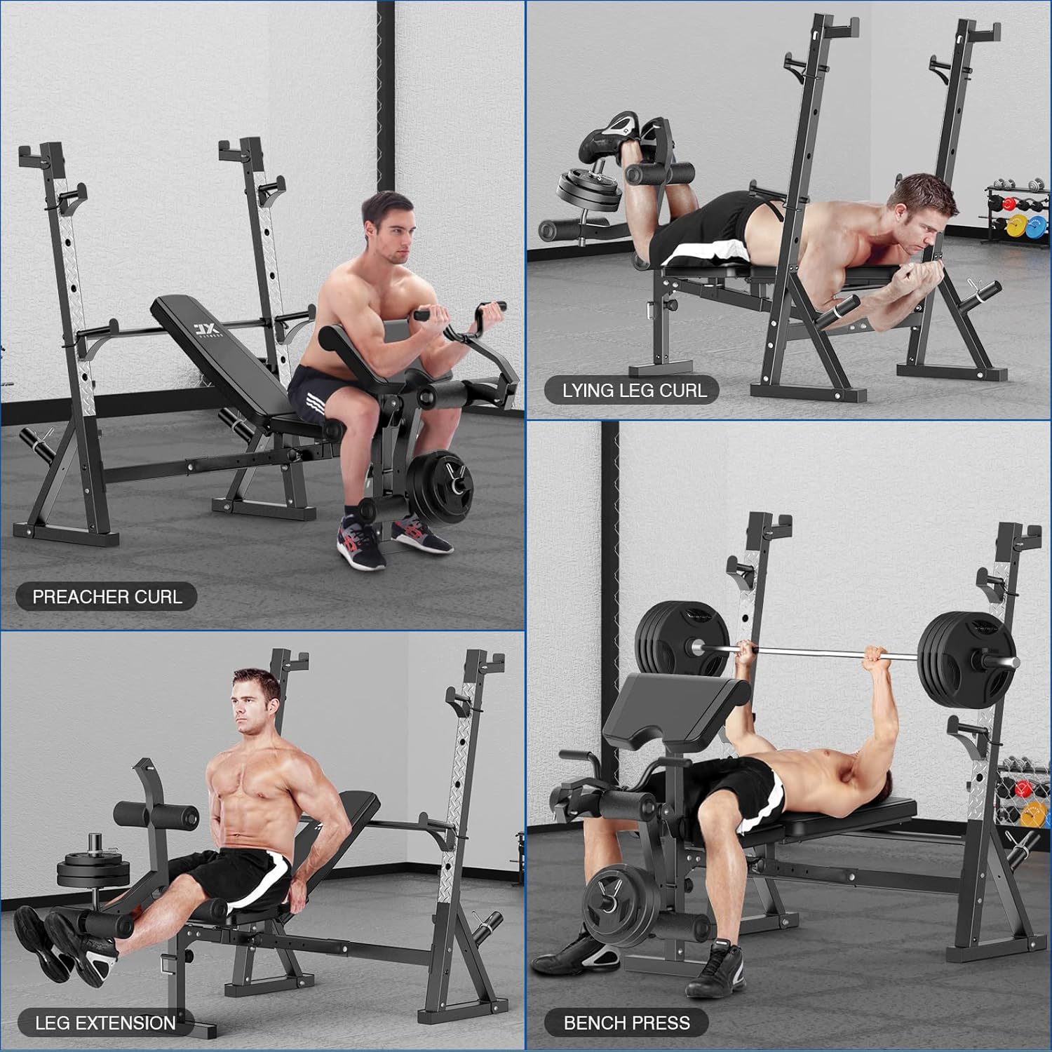 JX FITNESS Banco de pesas olímpico con almohadilla de rizo y revelador de piernas, prensa de banco de entrenamiento multifunción para levantamiento