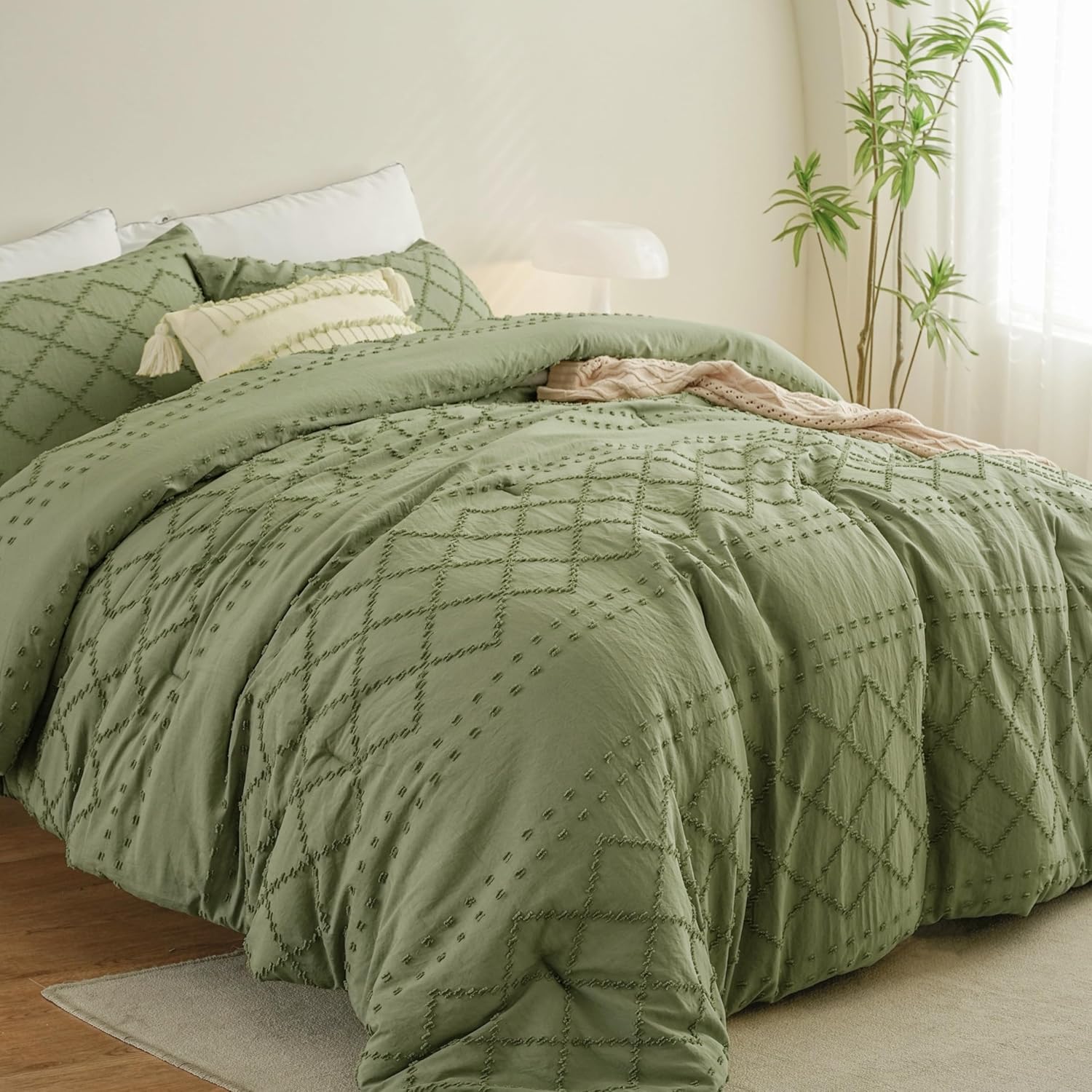 ELNIDO QUEEN Juego de edredón bohemio copetudo tamaño matrimonial, juego de edredón suave de 3 piezas verde salvia para todas las estaciones, juegos