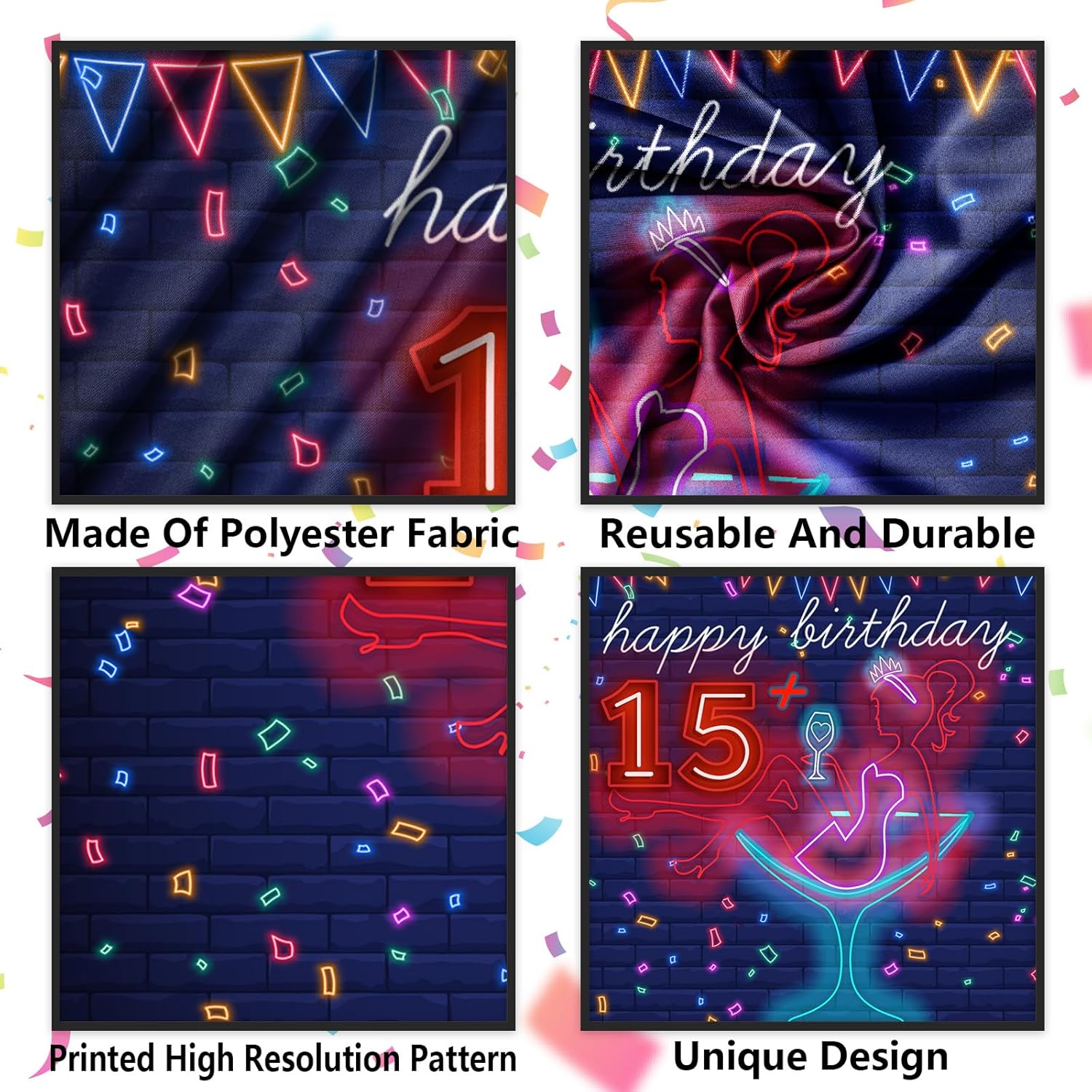 Cartel de neón con texto en inglés Happy 15 Birthday Girl Happy 15 Birthday Banner Cheers to 15 años de tacón alto, maquillaje para decoración de