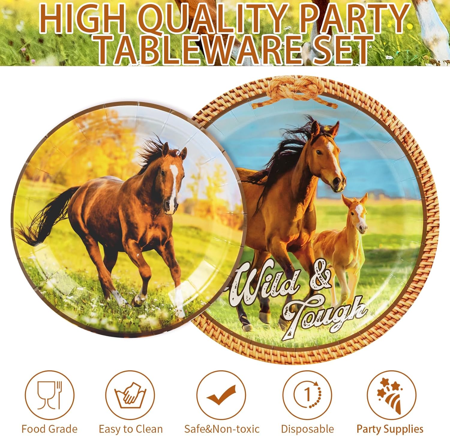 96 piezas de suministros para fiestas de caballos, platos de caballo, vajilla de caballo, incluye platos de papel de caballo, servilletas,