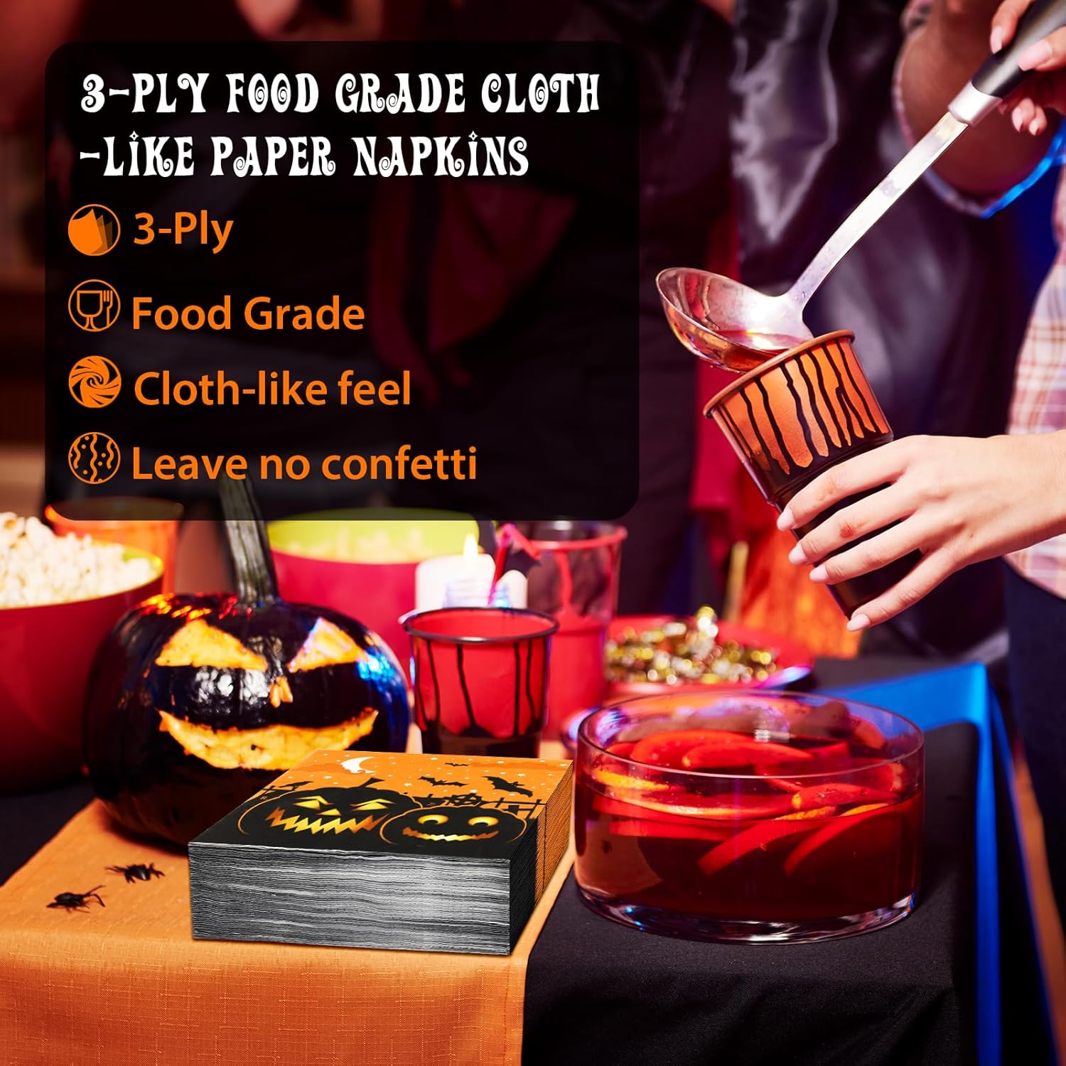 100 servilletas de Halloween de papel, calabazas de papel, cócteles, bebidas, almuerzo, servilletas de cena, suministros de fiesta, decoraciones de