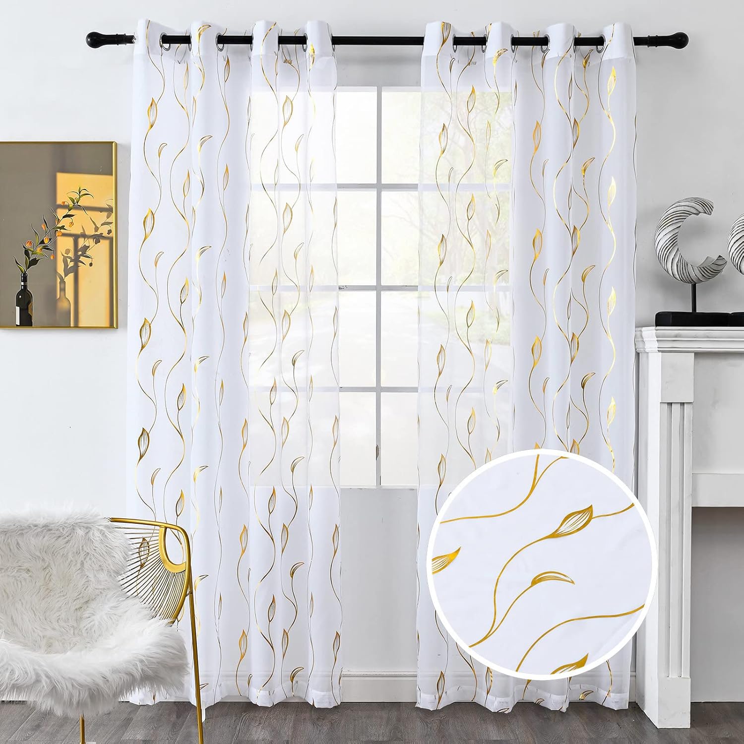youleyar Cortinas transparentes de gasa con estampado de lámina dorada, cortinas de mimbre con ojales en la parte superior, paneles de tratamiento