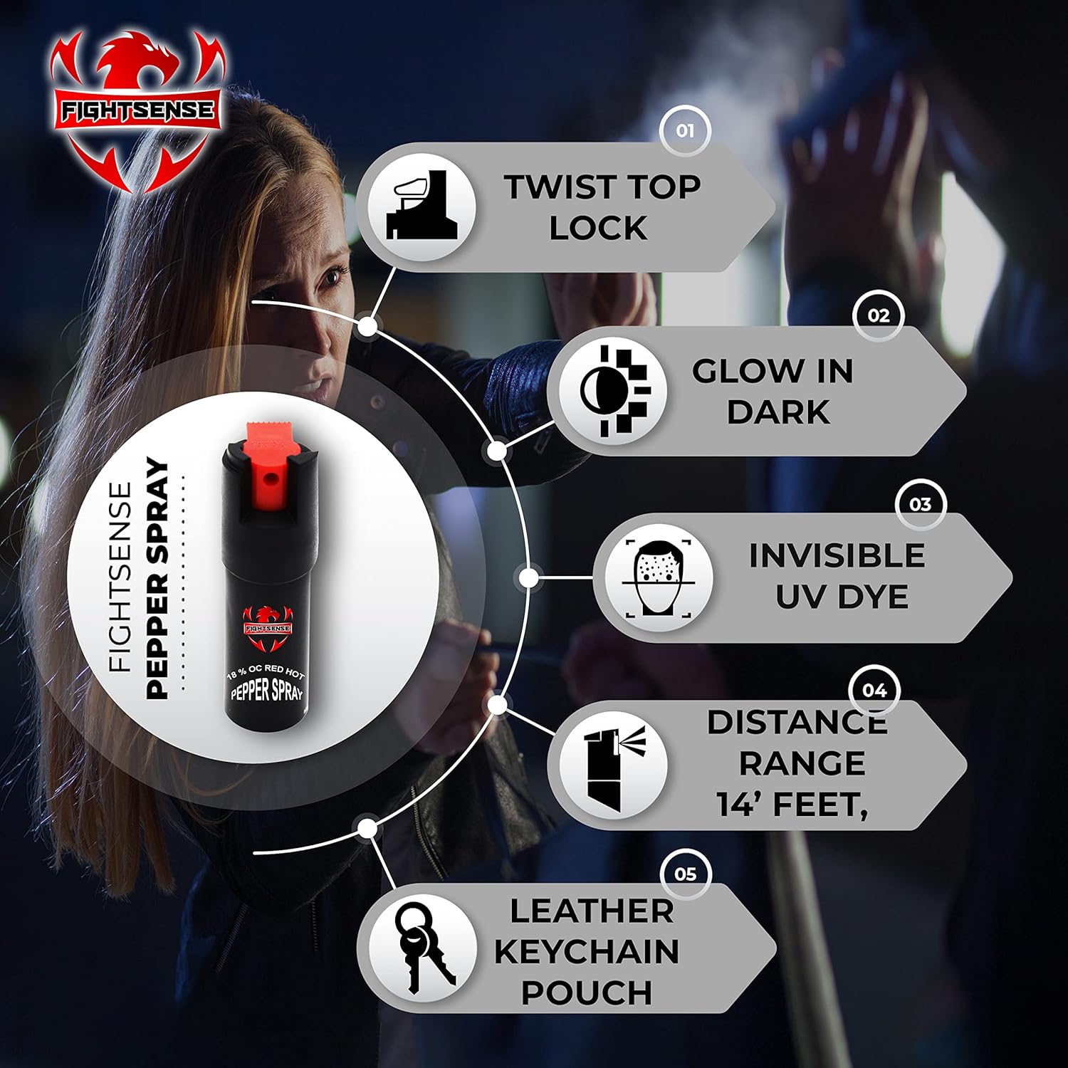 FIGHTSENSE – Gas pimienta de máxima resistencia de 0.5 oz, tamaño compacto, fórmula de grado policial mejor herramienta de autodefensa para mujeres