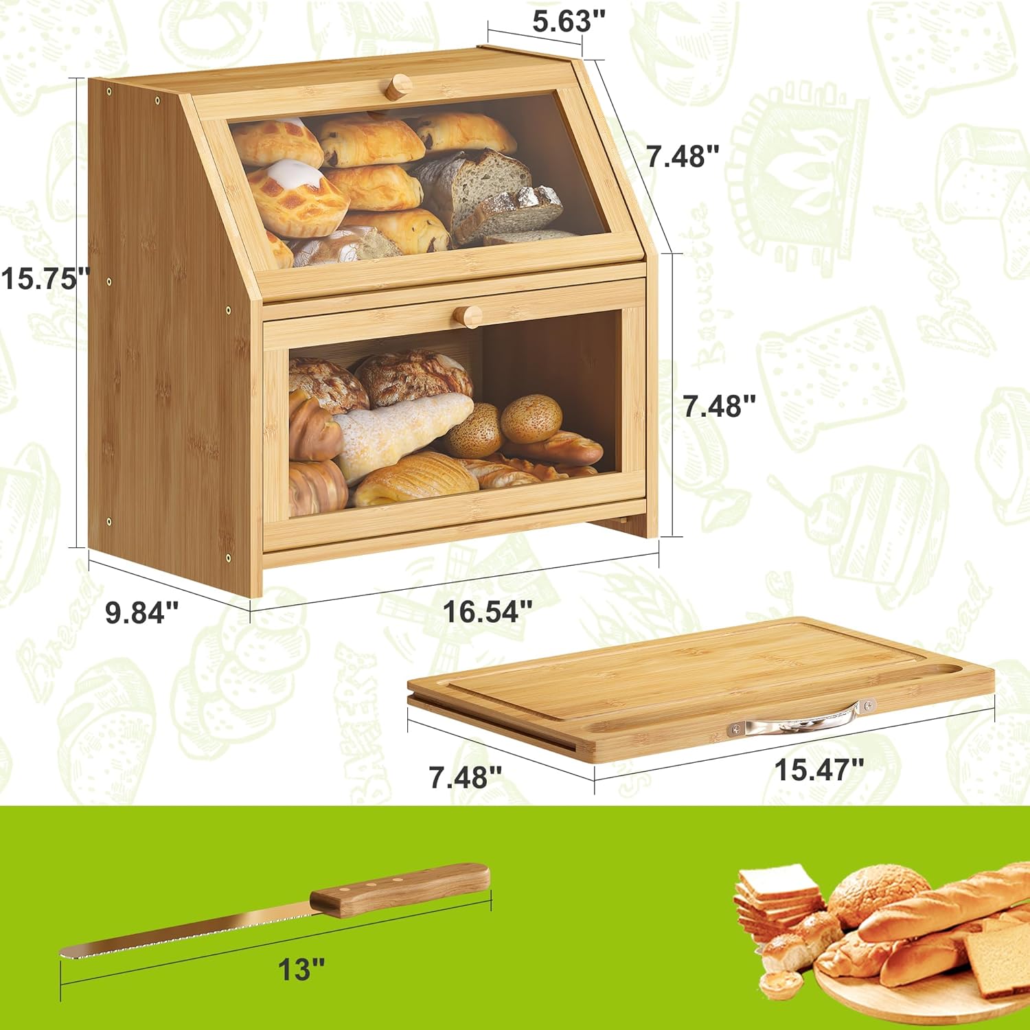 BMOSU Panera con tabla de cortar, almacenamiento y organizador de pan de cocina, encimera de granja, panera doble de madera de bambú de gran