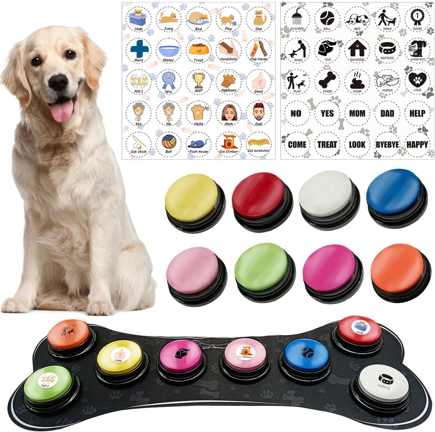 Juego de 8 botones de perro de colores con alfombrilla de goma, botones de entrenamiento grabables para perros, botón de zumbador que habla con 50