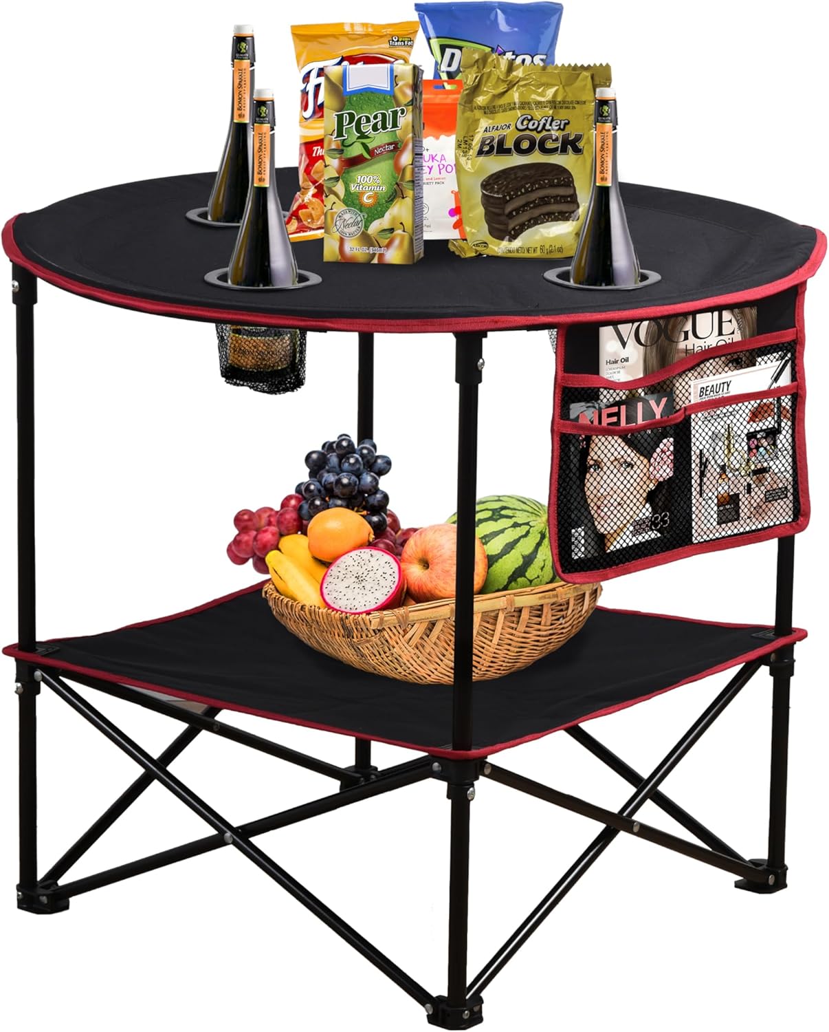LEADALLWAY Mesa de picnic plegable con 4 portavasos y bolsa de almacenamiento lateral, mesas portátiles plegables de lona plegables con bolsas de