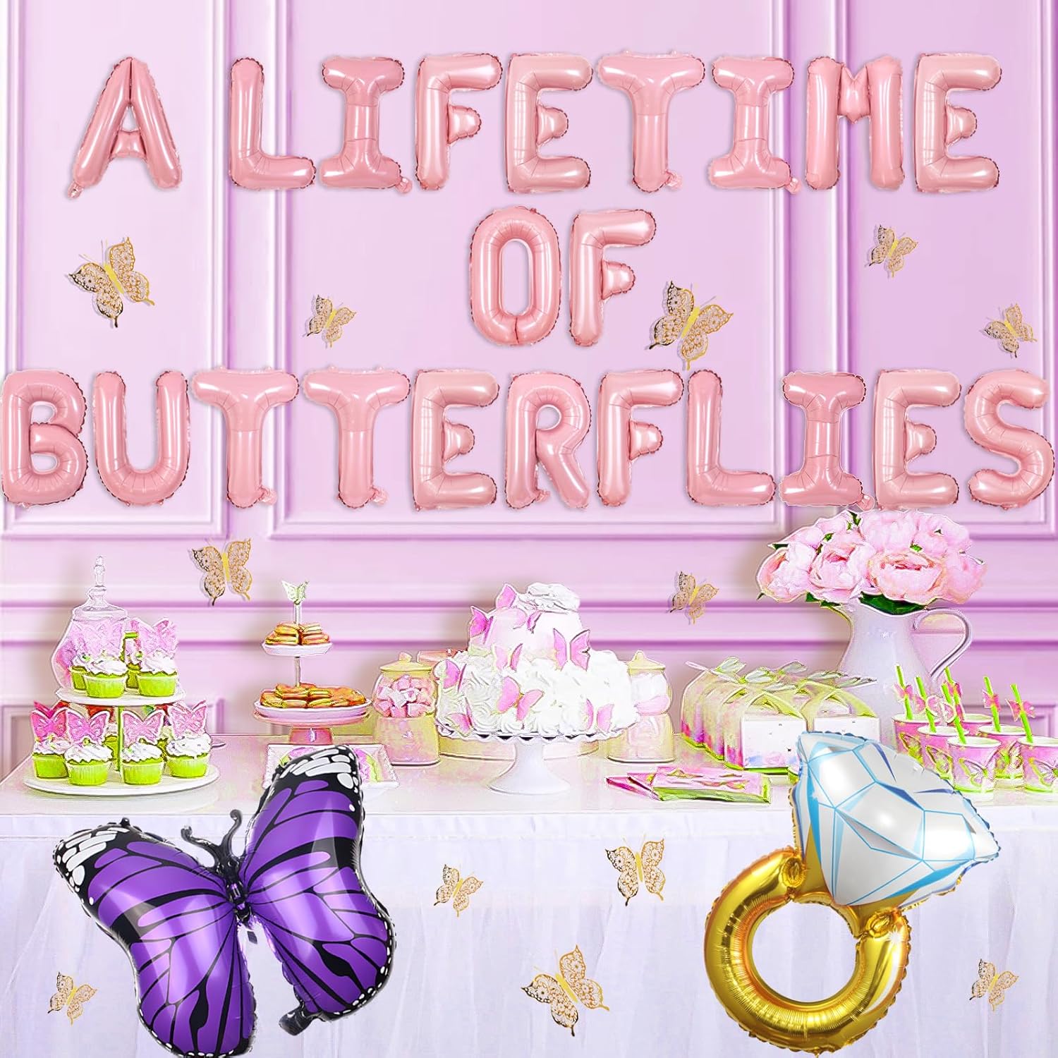 Decoraciones de mariposas para despedida de soltera, suministros de mariposas para toda la vida, pancarta de despedida de soltera, calcomanías de
