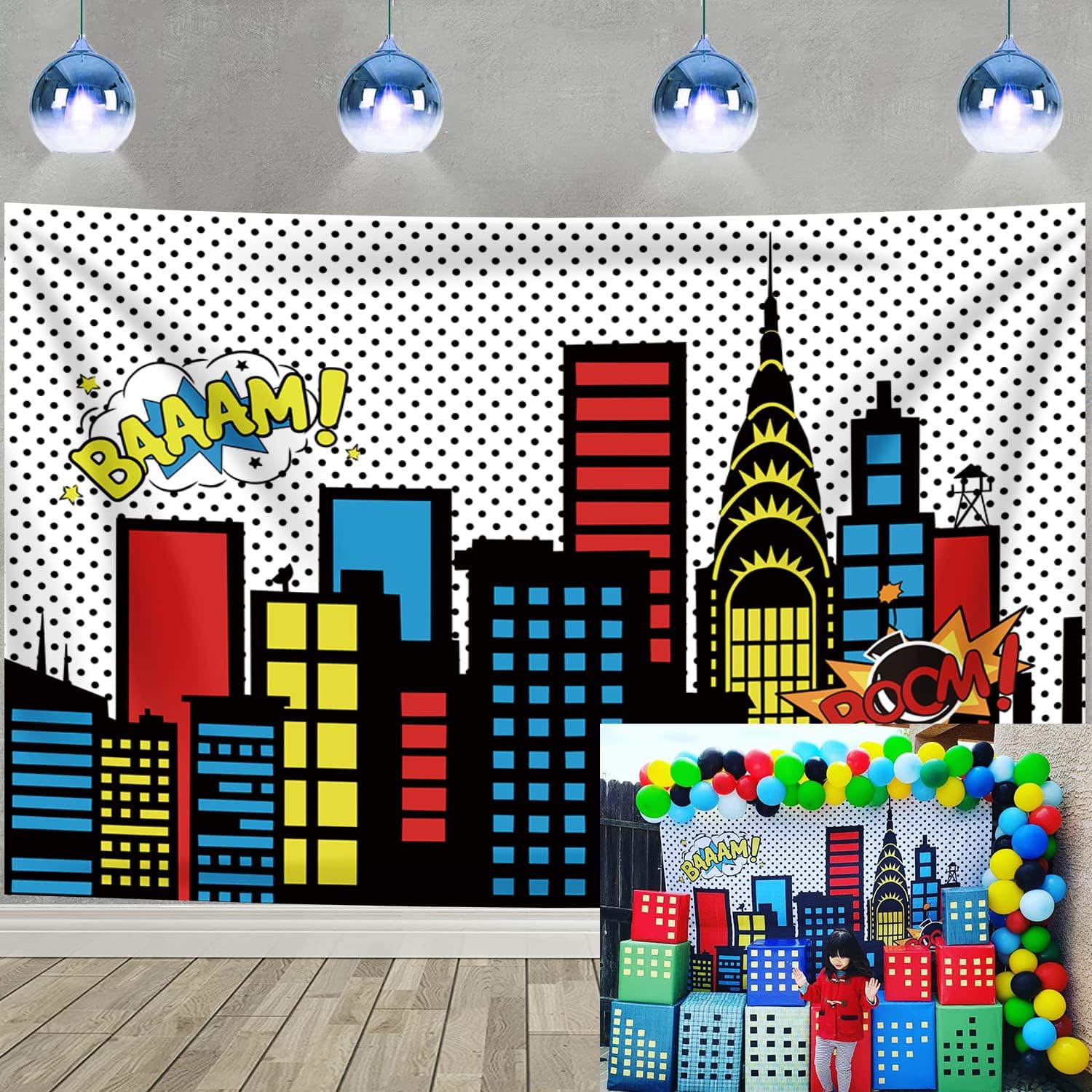 Telón de fondo de superciudad de superhéroe, edificio de ciudad, tema de superhombres, fotografía para niños, recién nacido, baby shower, niño,