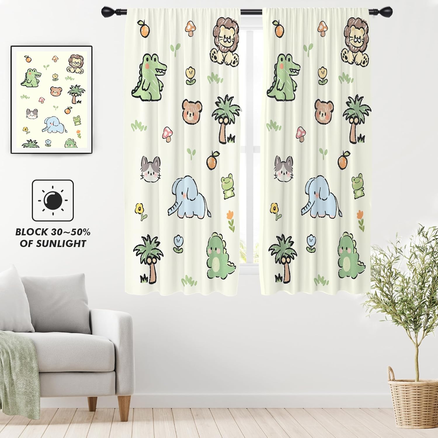 EGLGCC Cortinas infantiles para cuarto de bebé, diseño de dibujos animados divertidos de animales, bosque, león, dinosaurio, niños, 42 pulgadas de