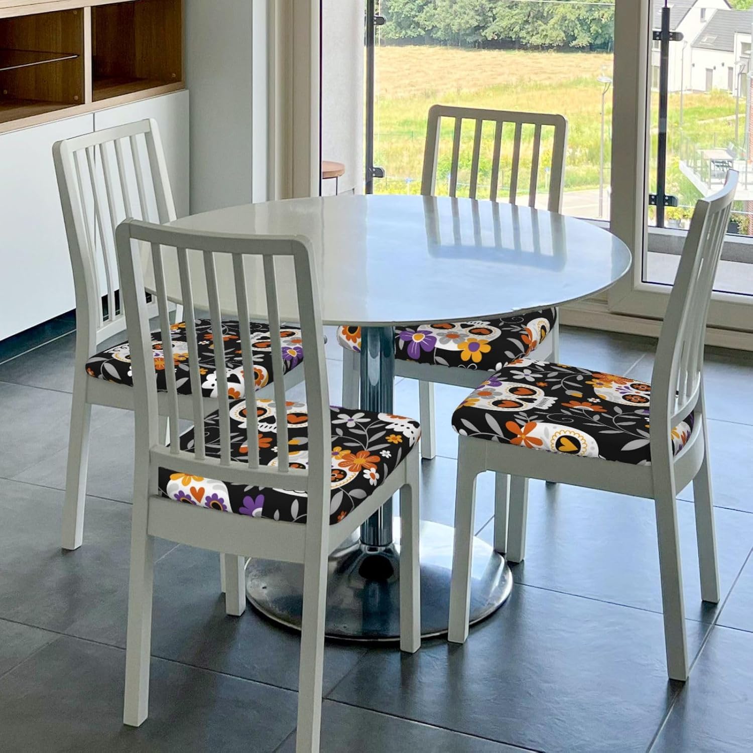 Juego de 4 fundas de cojín para sillas de comedor de calaveras y flores, extraíbles y lavables, fundas para sillas de comedor, reutilizables, para