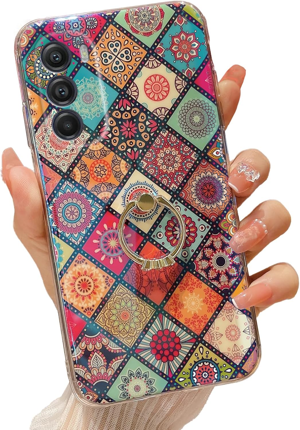 Funda para teléfono Moto G Stylus 5G 2022 con soporte de anillo dorado para niñas y mujeres, diseño de mandala retro floral, delgada, a prueba de