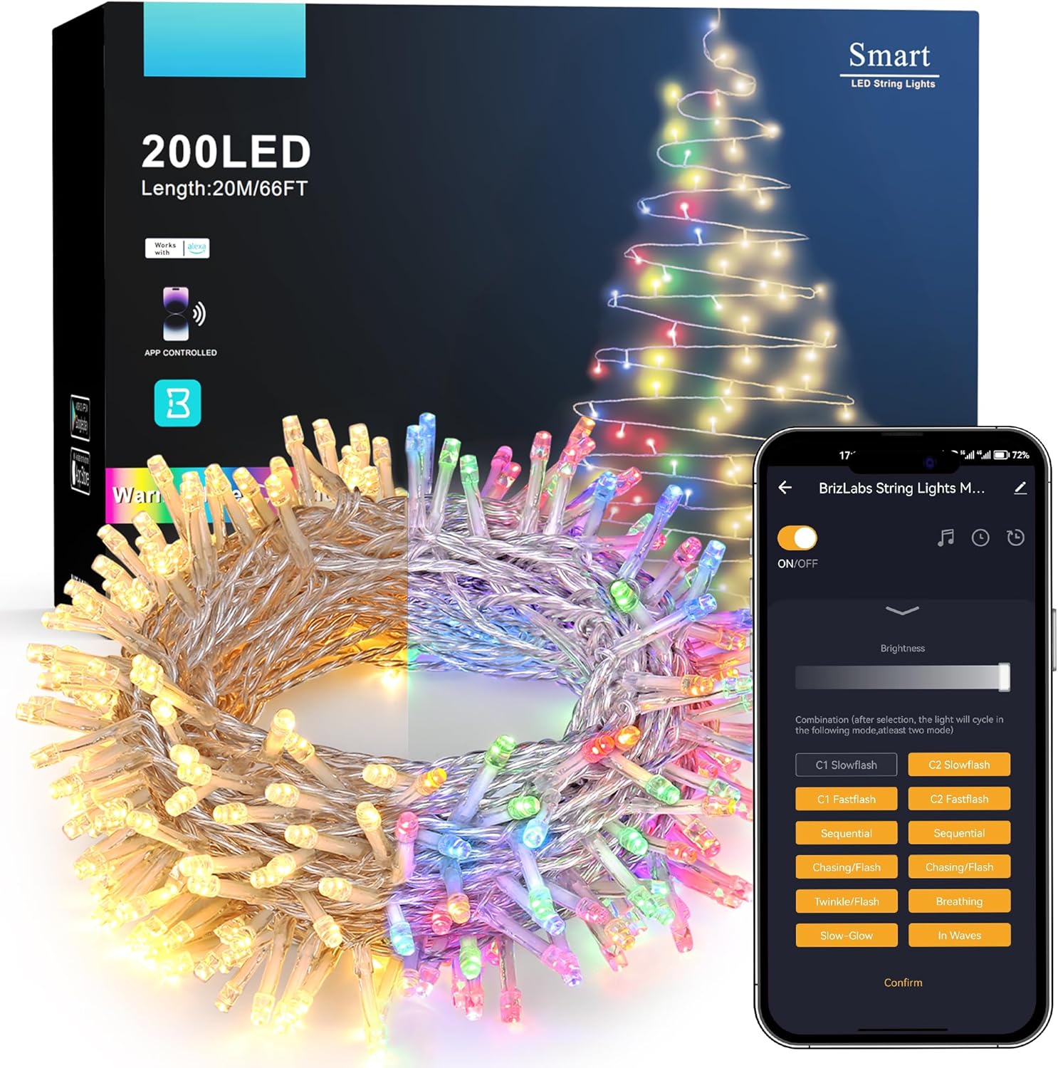 Brizled Luces de Navidad inteligentes que cambian de color, 66 pies, 200 LED, blanco cálido y multicolor, control de aplicación, luces de hadas