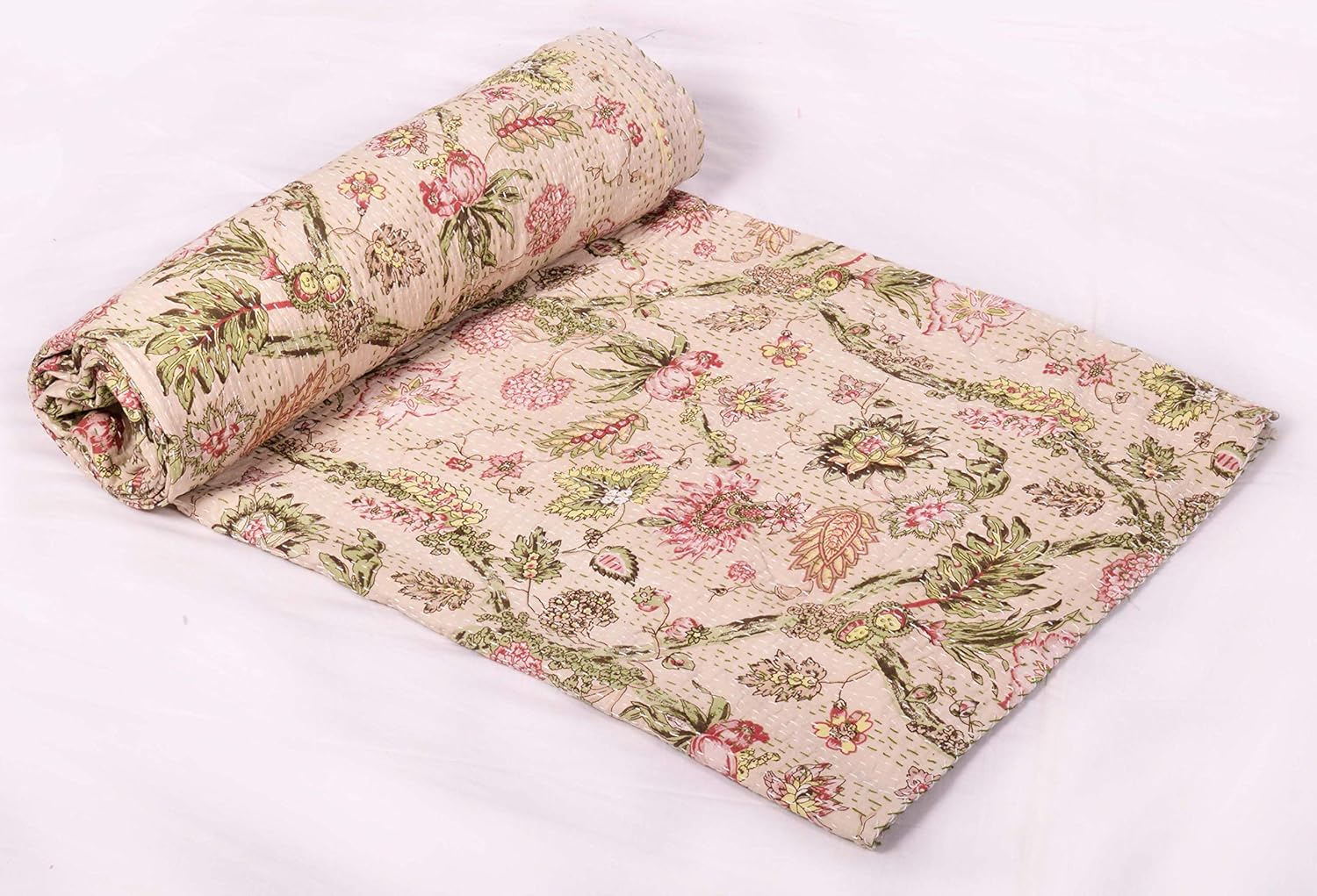 Colcha india Vintage Kantha Colcha Colcha Manta Algodón Floral Estampado Melocotón Claro Hecho A Mano Gudari Individual