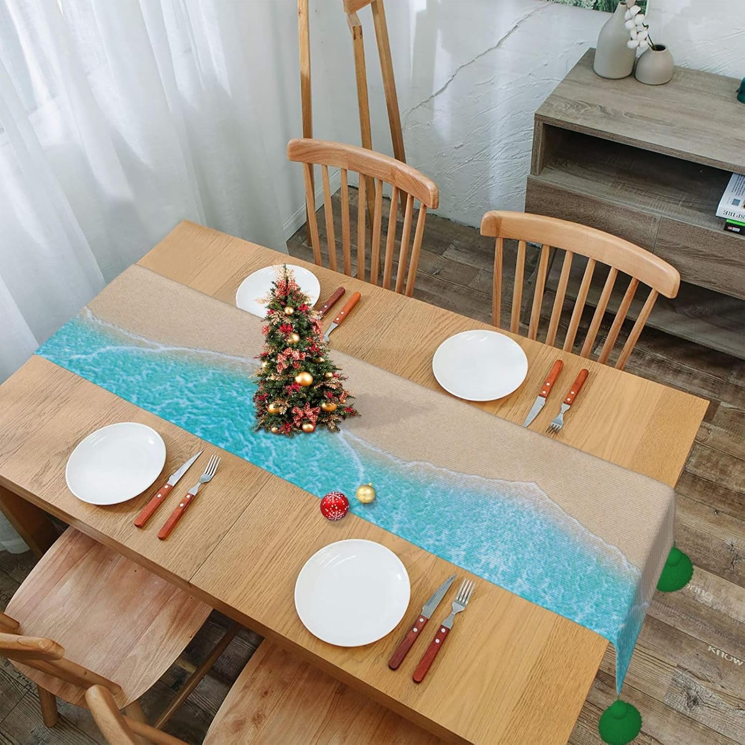 Camino de mesa de Navidad azul para la playa, decoración de mesa de comedor, decoración de Navidad, decoración de interiores del hogar, caminos de