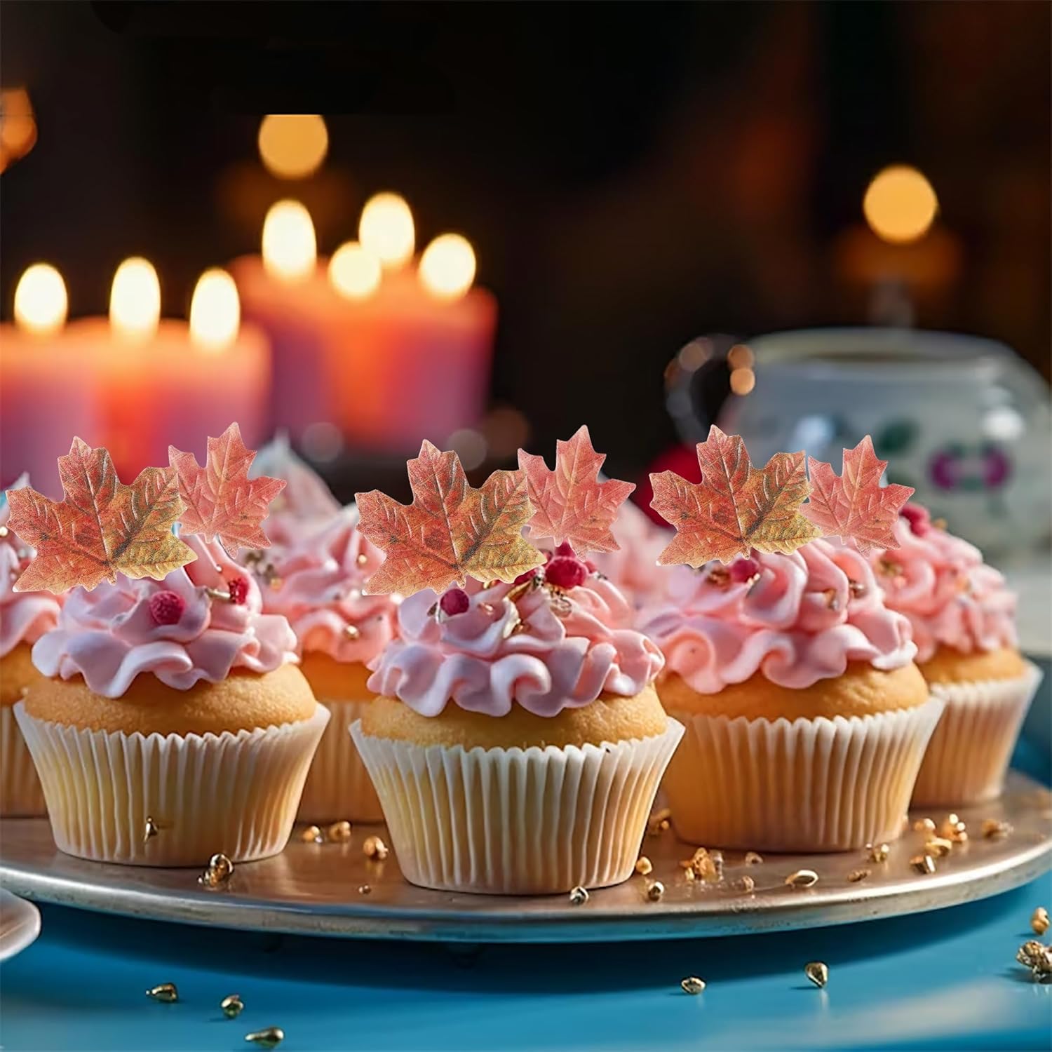 Paquete de 40 adornos comestibles de hojas de otoño para cupcakes de hojas doradas, hojas de arce de otoño, oblea de arroz, decoración de pasteles