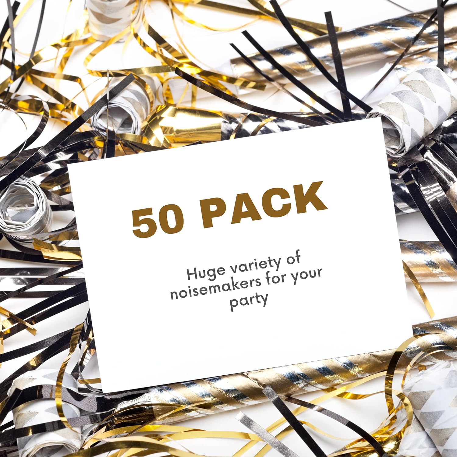4E’s Novelty NYE Noisemakers – Paquete de 50 suministros de fiesta de Nochevieja a granel para adultos y niños, regalos de fiesta para adultos y