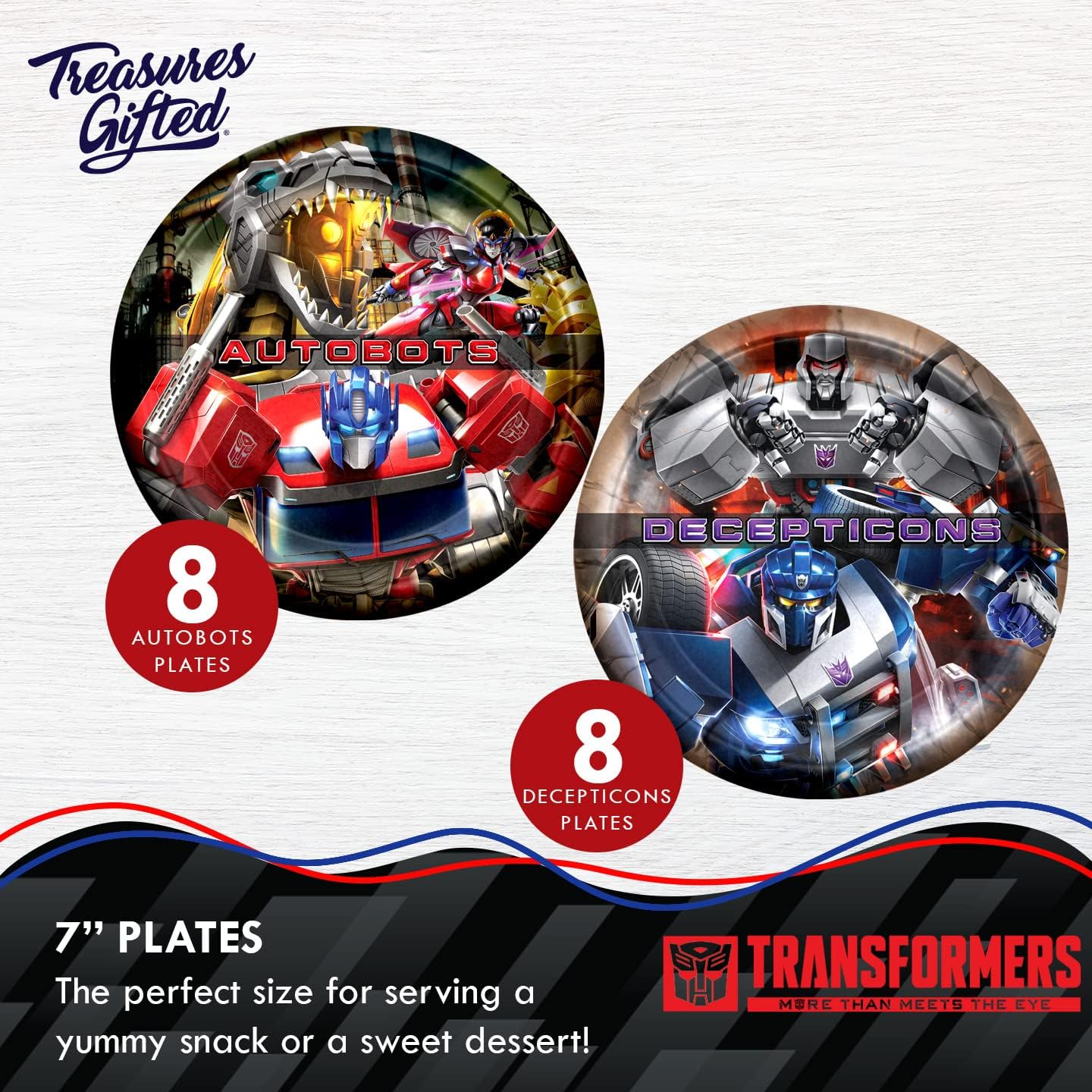 Treasures Gifted Suministros para fiestas de Transformers con licencia oficial, sirve para 16 invitados, juego de vajilla para principiantes,