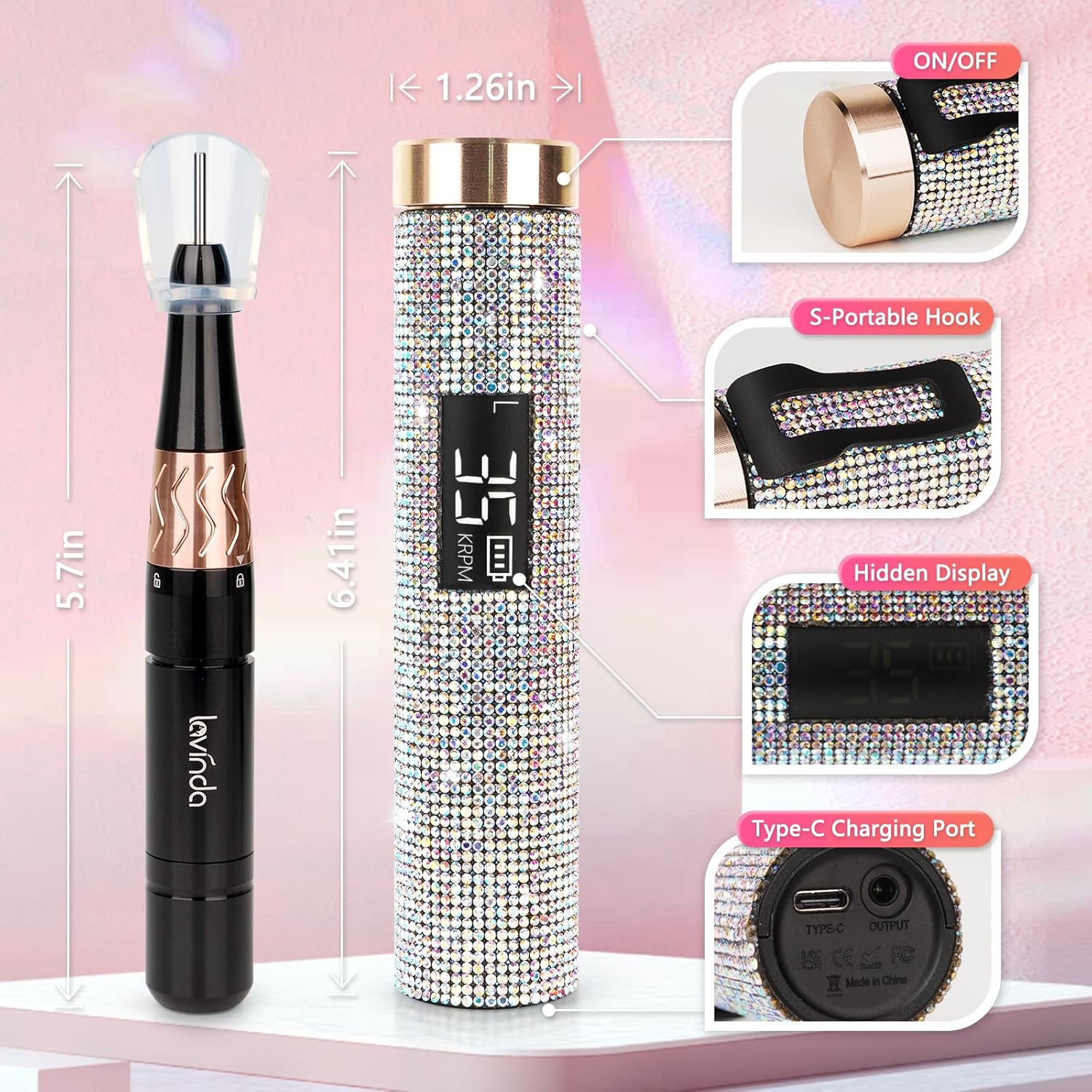 Lavinda Diamond Serise – Lámpara de uñas inalámbrica con diamantes de imitación brillantes, 35000 rpm, taladro de uñas portátil eléctrico profesional