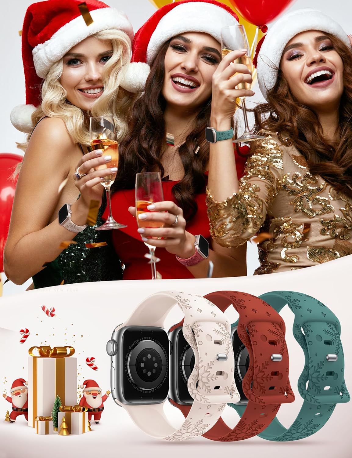 Wearlizer Paquete de 3 bandas grabadas con copos de nieve compatibles con Apple Watch Band de 41401.496 in 4544421.929 in para mujer, correa