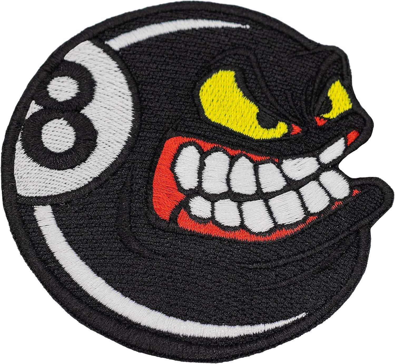 Parche bordado de bola de billar negro enojado número ocho. Tamaño 3,5 x 3,5 pulgadas.