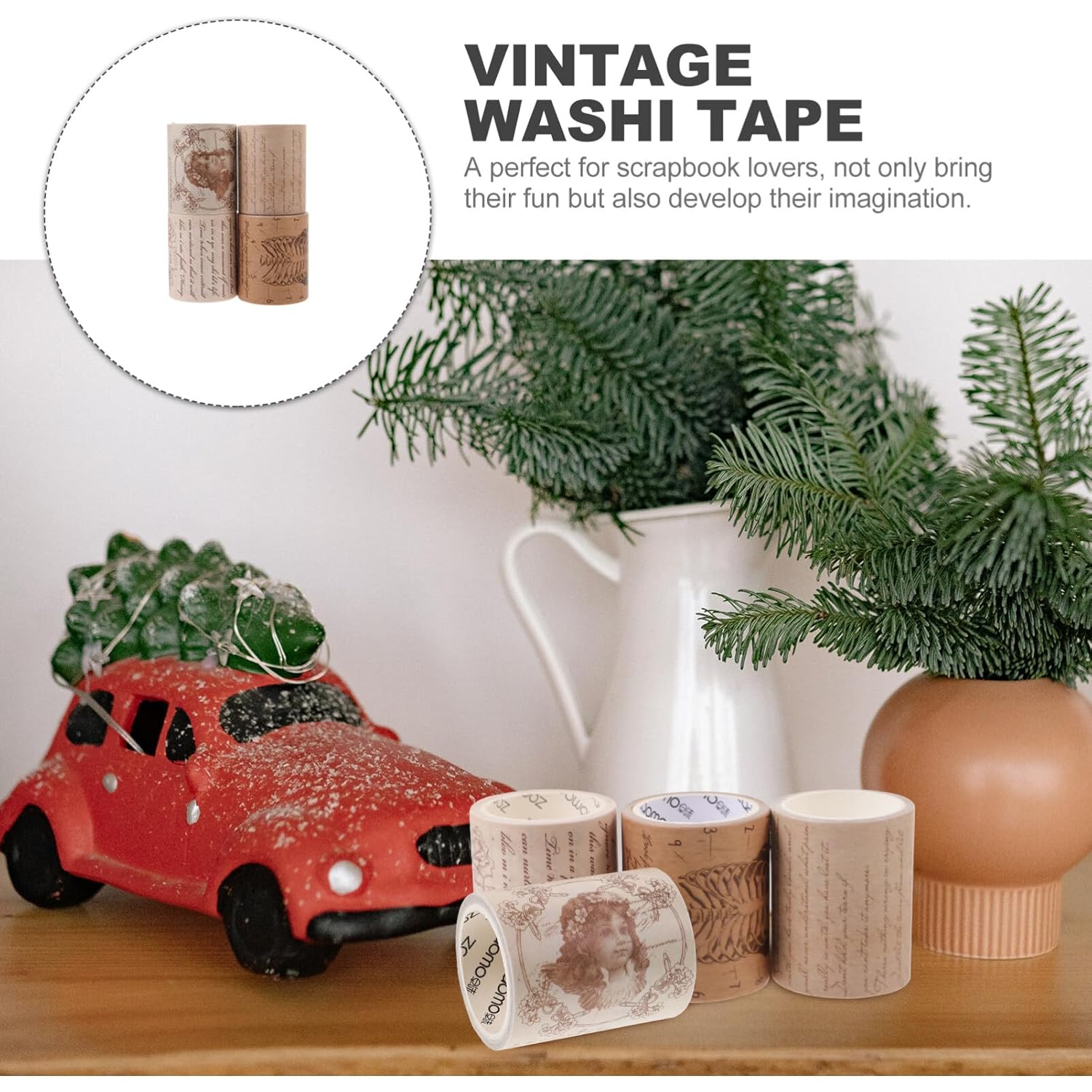 VILLCASE 4 rollos de cinta adhesiva decorativa vintage washi, cinta adhesiva ancha para manualidades, cinta adhesiva para envolver manualidades,