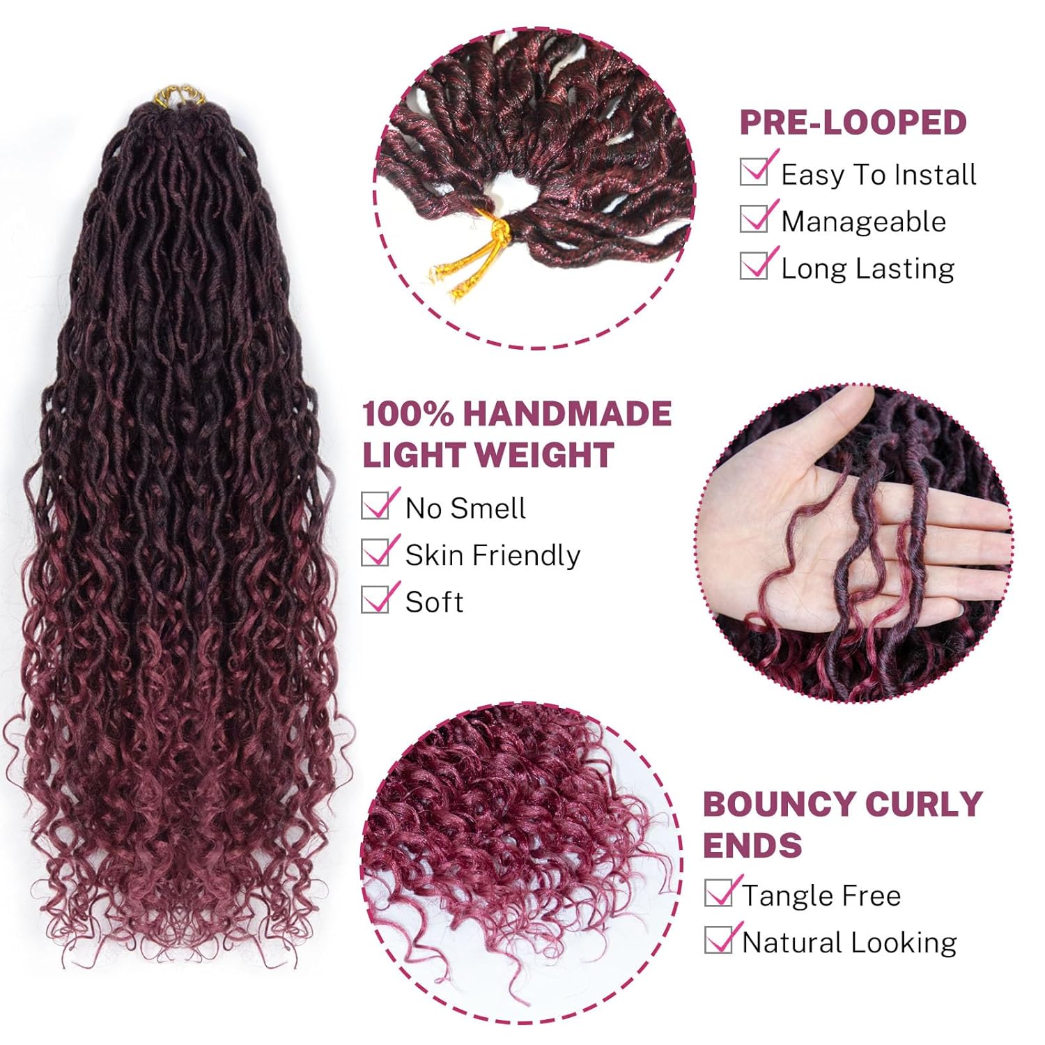 Goddess Locs – Cabello de ganchillo para mujer, rastas río preloopd de 22 pulgadas con extremos rizados, cabello sintético negro, extensiones de