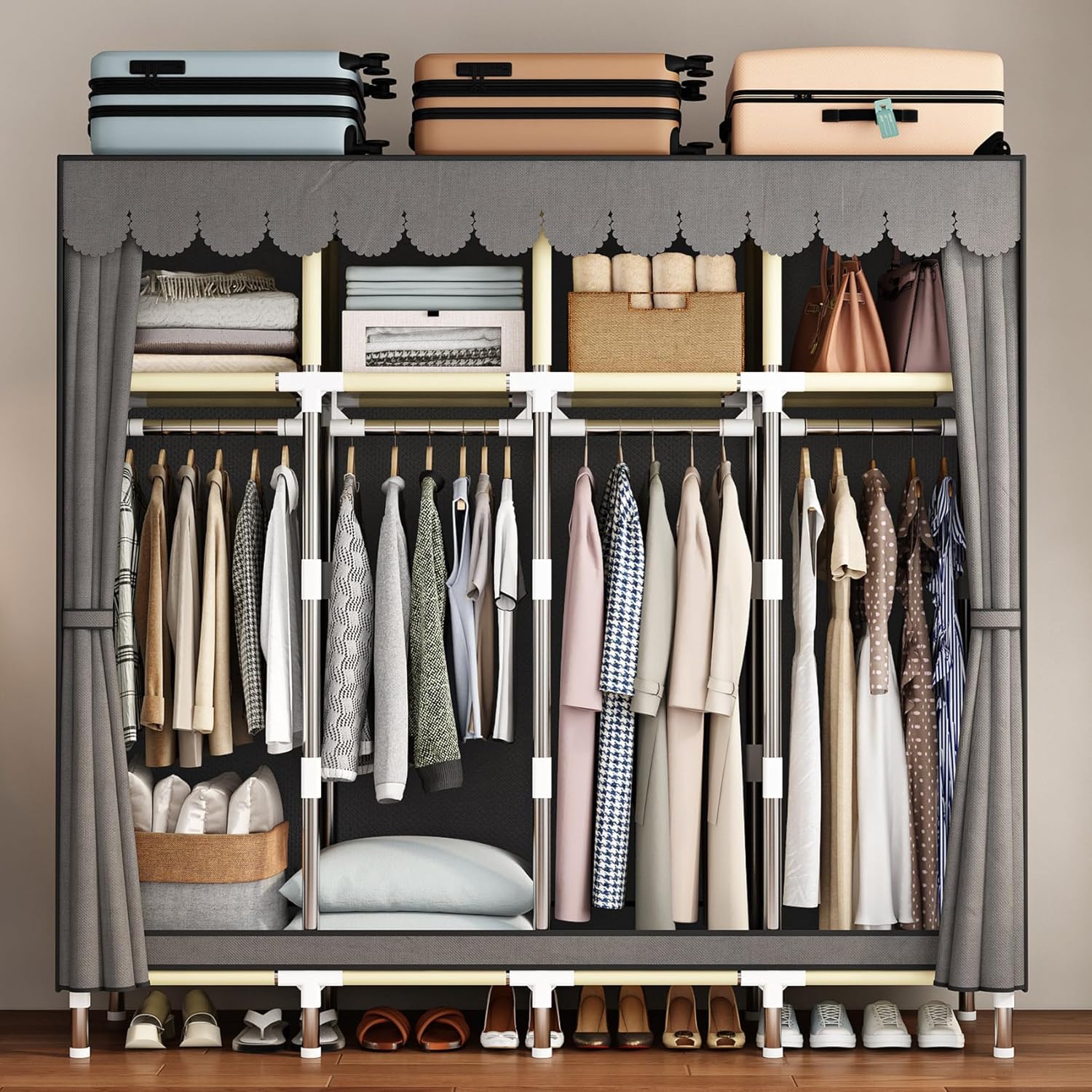 LEAIJIAFY Armario portátil grande para dormitorio, armario organizador de ropa, armario de Amories simple con cubierta de tela no tejida gris, tubo
