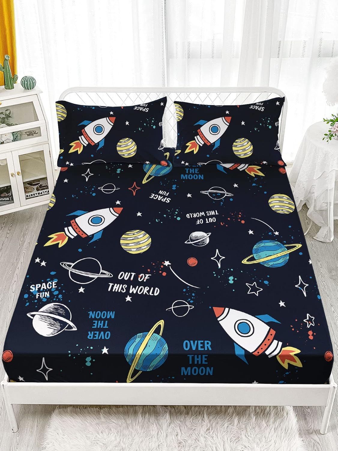 Datura home Space Ship – Juego de sábanas de 4 piezas con estampado de cohete espacial de astronauta con 1 sábana encimera y 1 sábana bajera + 2