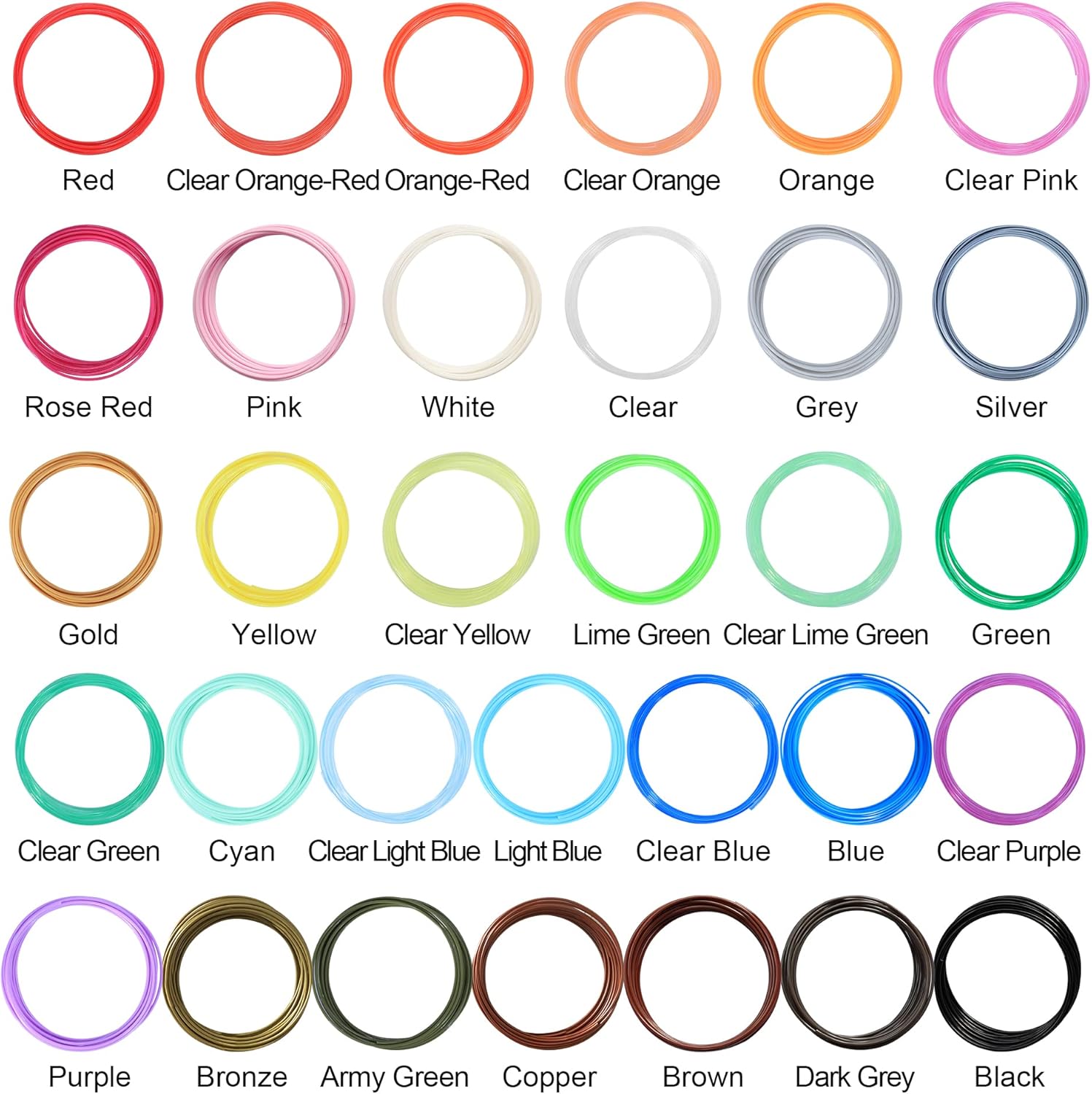 Paquete de repuesto de muestra de filamento PLA de impresión 3D de 32 colores, cada color 10 pies, repuestos de ácido poliláctico de 320 pies, apto