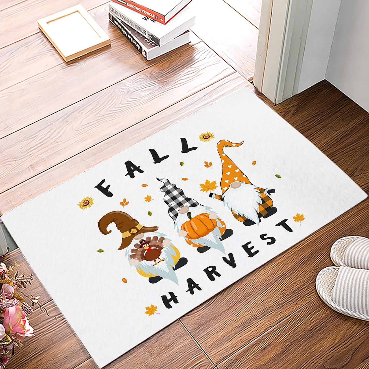 Fall Harvest Indoor Bath Mat, Anti-Slip Machine Washable Entry Rug Easy Clean Welcome Mat Floor Mat for Inside Home Decoration Gnomes with Turkey