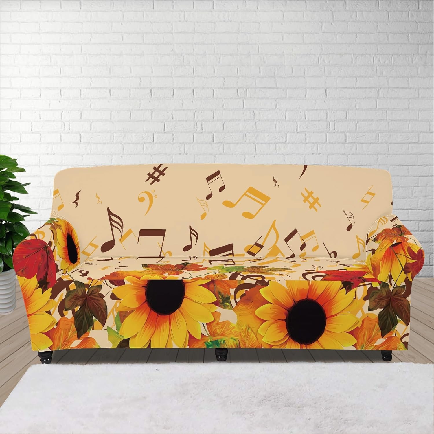 Boatee 1 funda elástica para sillón de 3 plazas, diseño de girasol con nota musical, funda protectora para muebles, funda protectora para sofá