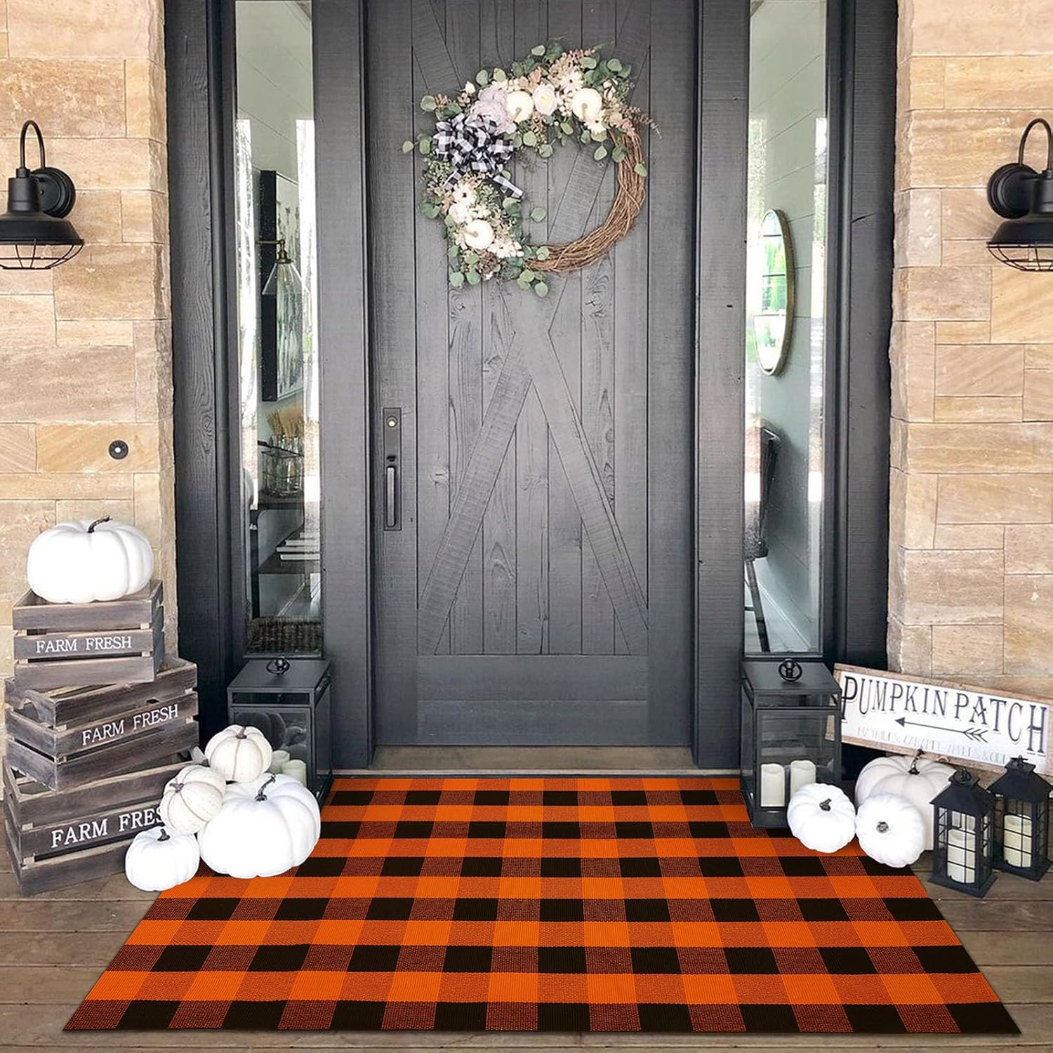 KOZYFLY Alfombra de lana cuadriculada de 4 x 6 pies, color naranja y negro, alfombra lavable de algodón tejida a mano para puerta de Halloween, para