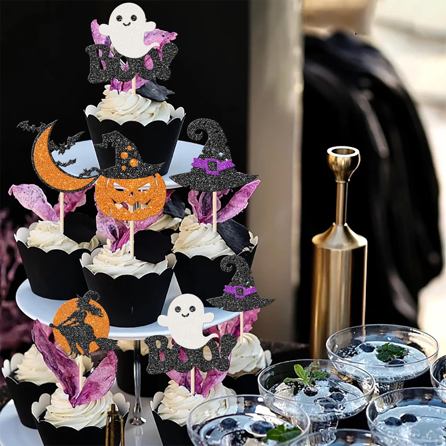 Rsstarxi Paquete de 30 adornos para cupcakes de fantasmas de Halloween con brillantina, murciélago, calabaza, fantasma, bruja, Halloween, cupcakes,