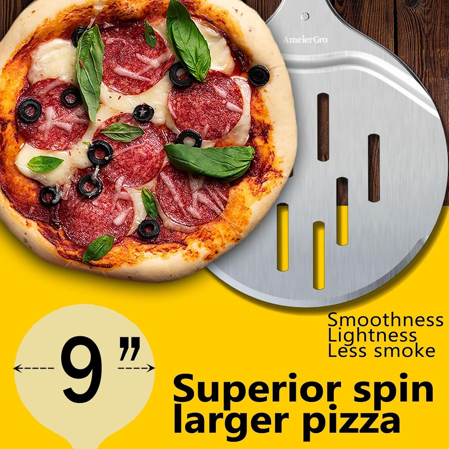 AmeierGro Pala giratoria y giradora de pizza de 9 pulgadas, accesorios para horno de pizza, cucharas giratorias de pizza Pala con mango extensible