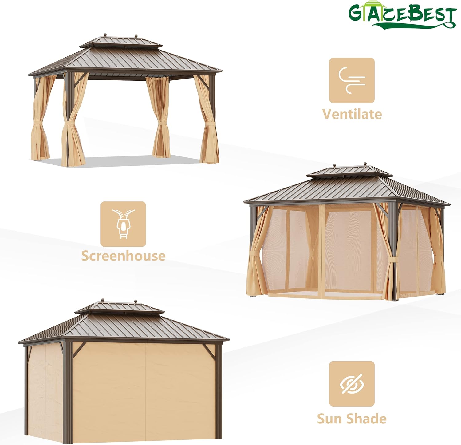 Cenador permanente de techo rígido de 10 x 12 pies, toldo de pérgola de pabellón de doble techo de acero galvanizado para exteriores, con marco de