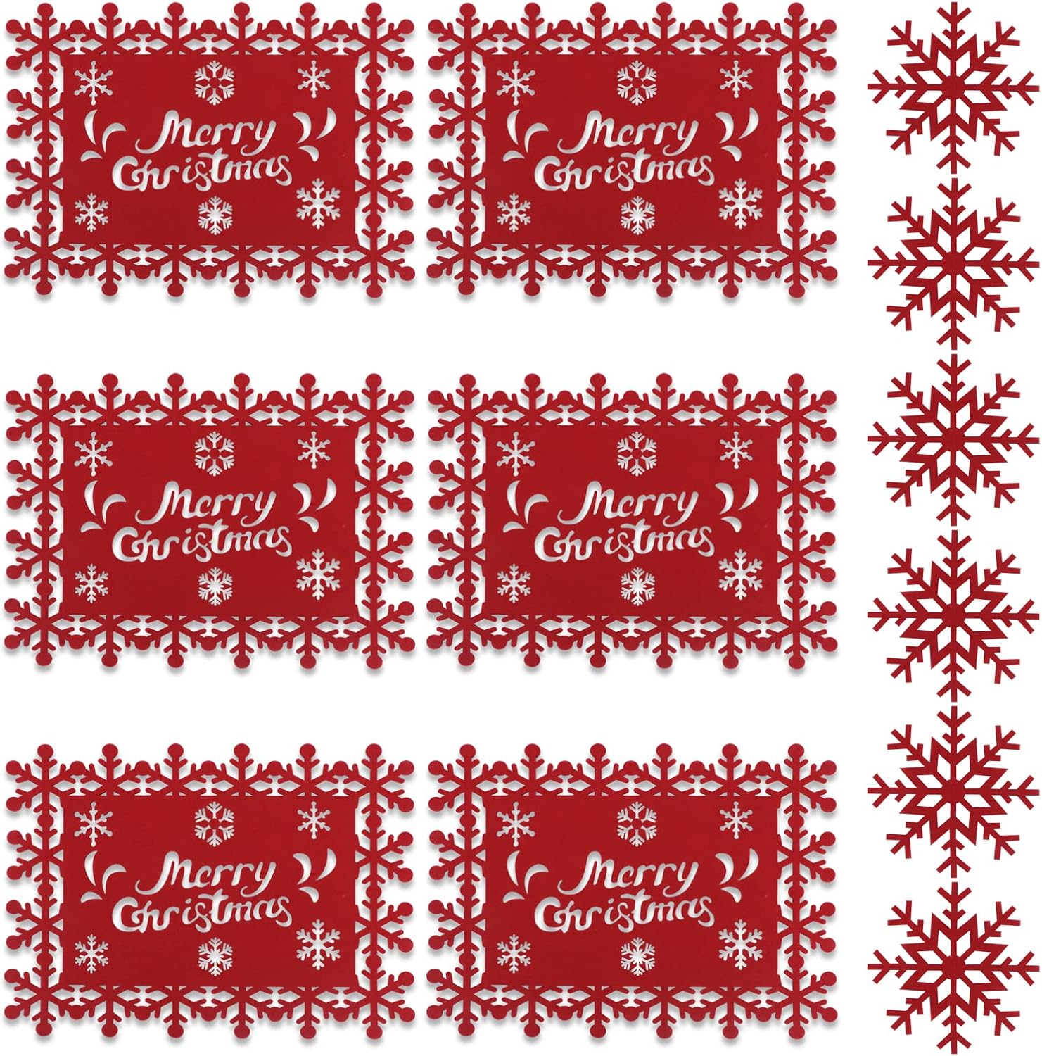 Juego de 12 manteles individuales de Navidad, juego de manteles individuales de fieltro, 6 manteles individuales de copo de nieve + 6 posavasos de