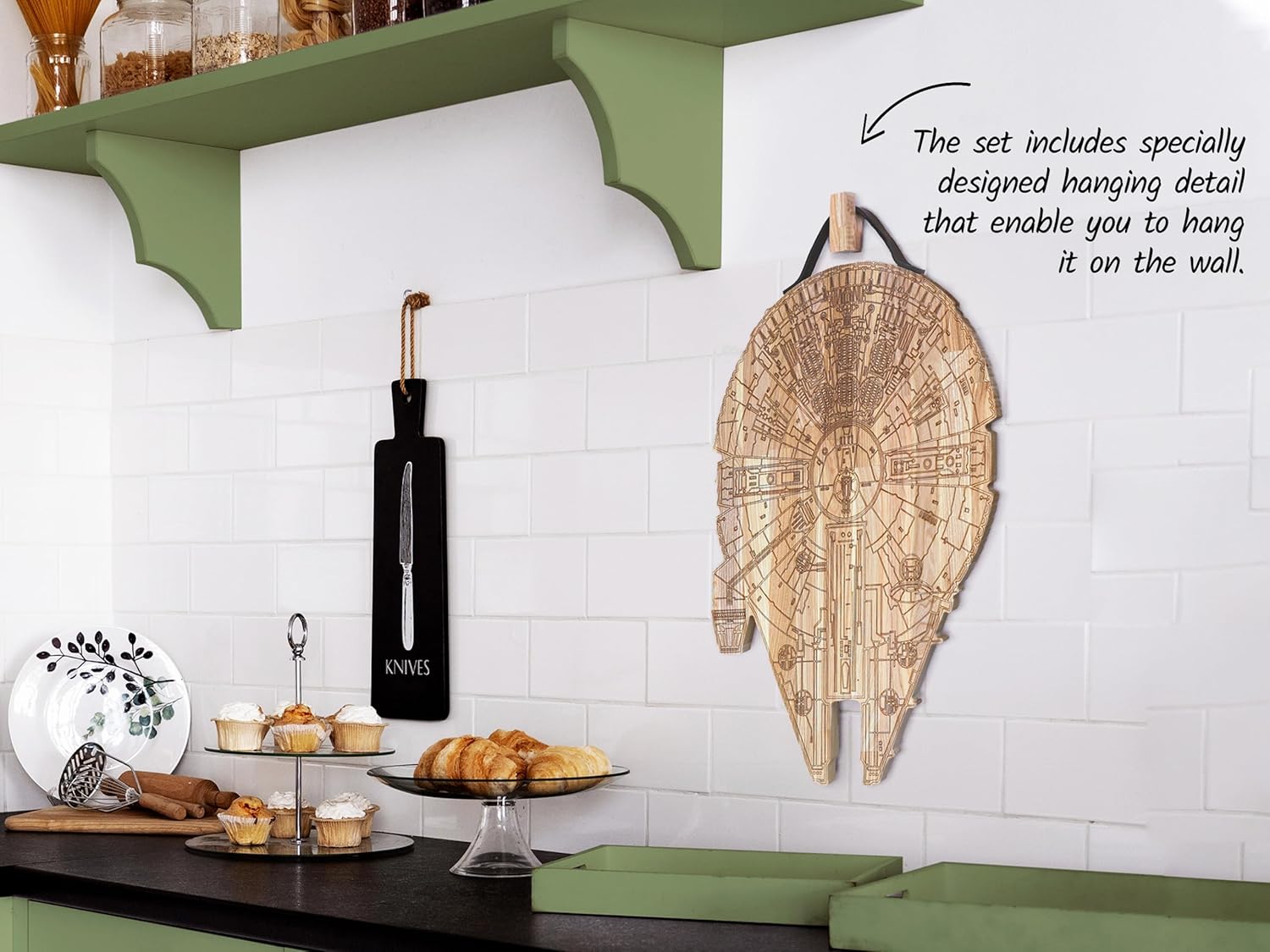 Millennium Falcon Cutting Board For Kitchen, Large Wood Chopping Board Set With Handle And Stand, Charcuterie Cheese Board With Holder, All-in-one