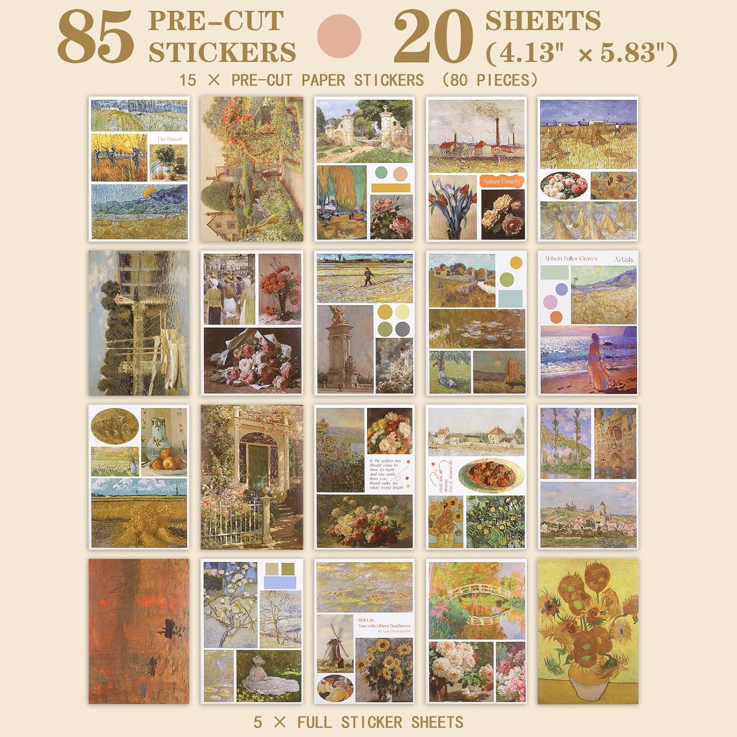 Calcomanías de artista, libros de calcomanías de diario, calcomanías decorativas de pintura al óleo, calcomanías estéticas para álbumes de recortes,