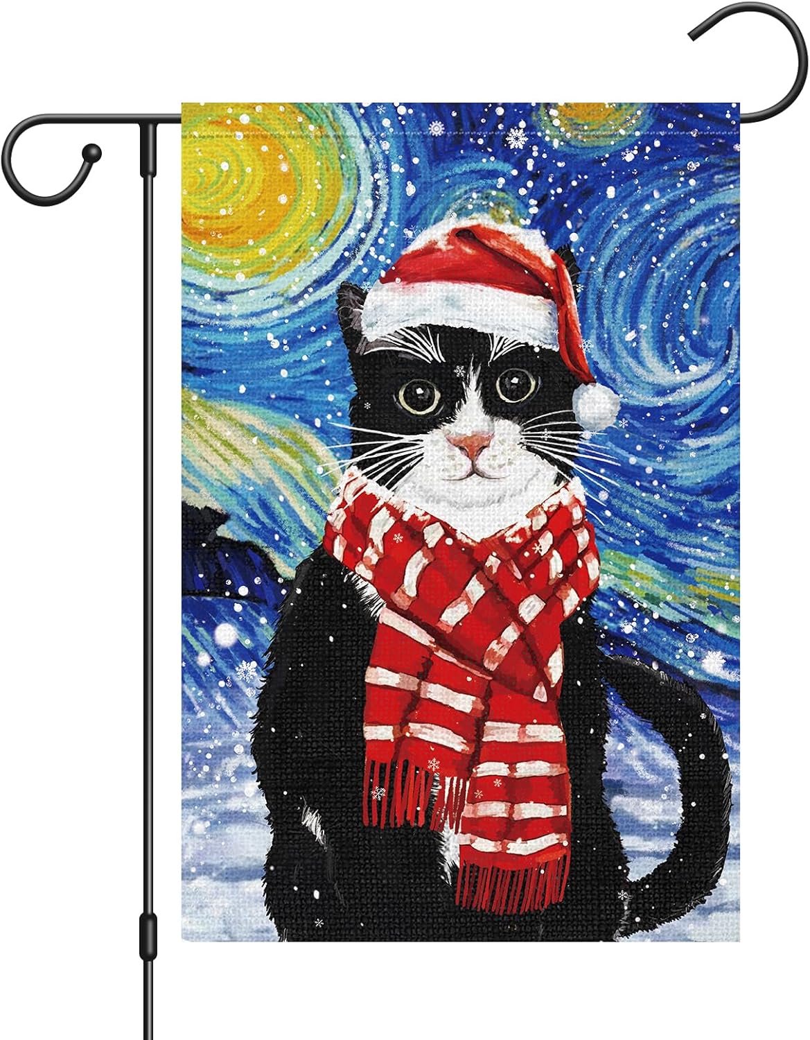 Louise Maelys Bandera de jardín de gato negro de 12 x 18 pulgadas, doble cara, arpillera de bienvenida, invierno, noche estrellada, gato, copo de