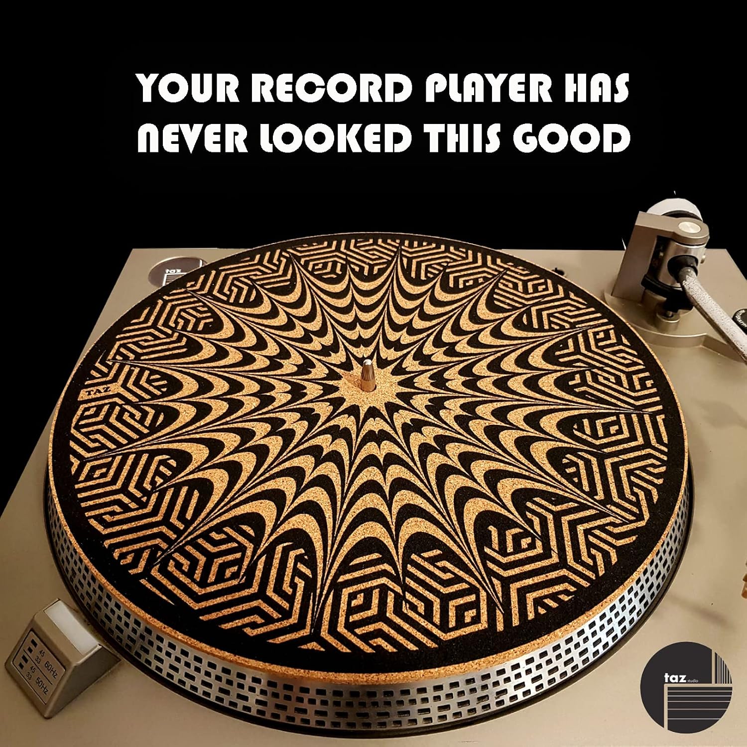 TazStudio Alfombrilla giratoria de corcho para un mejor soporte de sonido en el tocadiscos de vinilo LP – Patrón de mezcla de diseño geométrico
