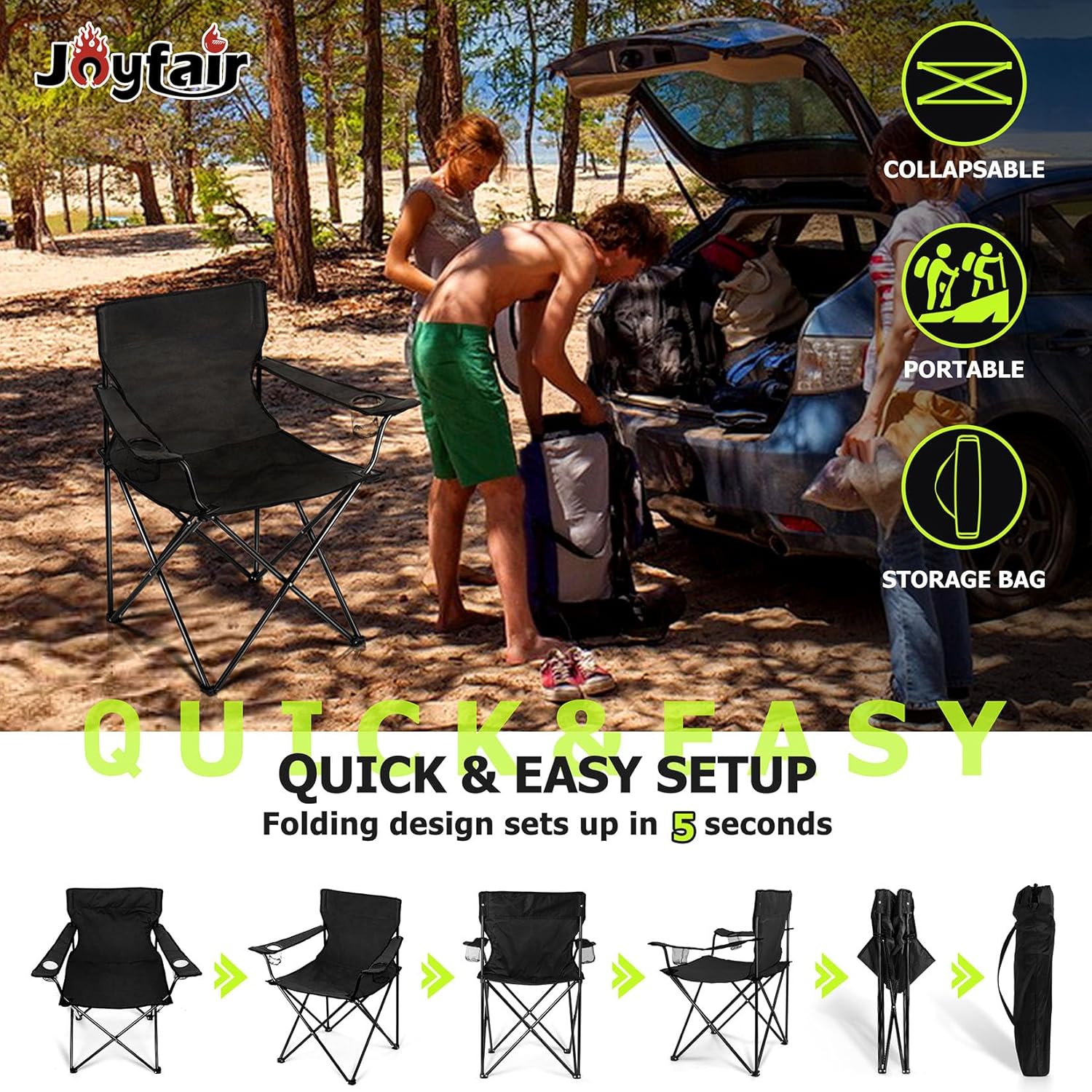 Joyfair Silla de camping portátil, silla plegable grande para exteriores, para adultos, tela Oxford 600D, resistente silla plegable para playa,