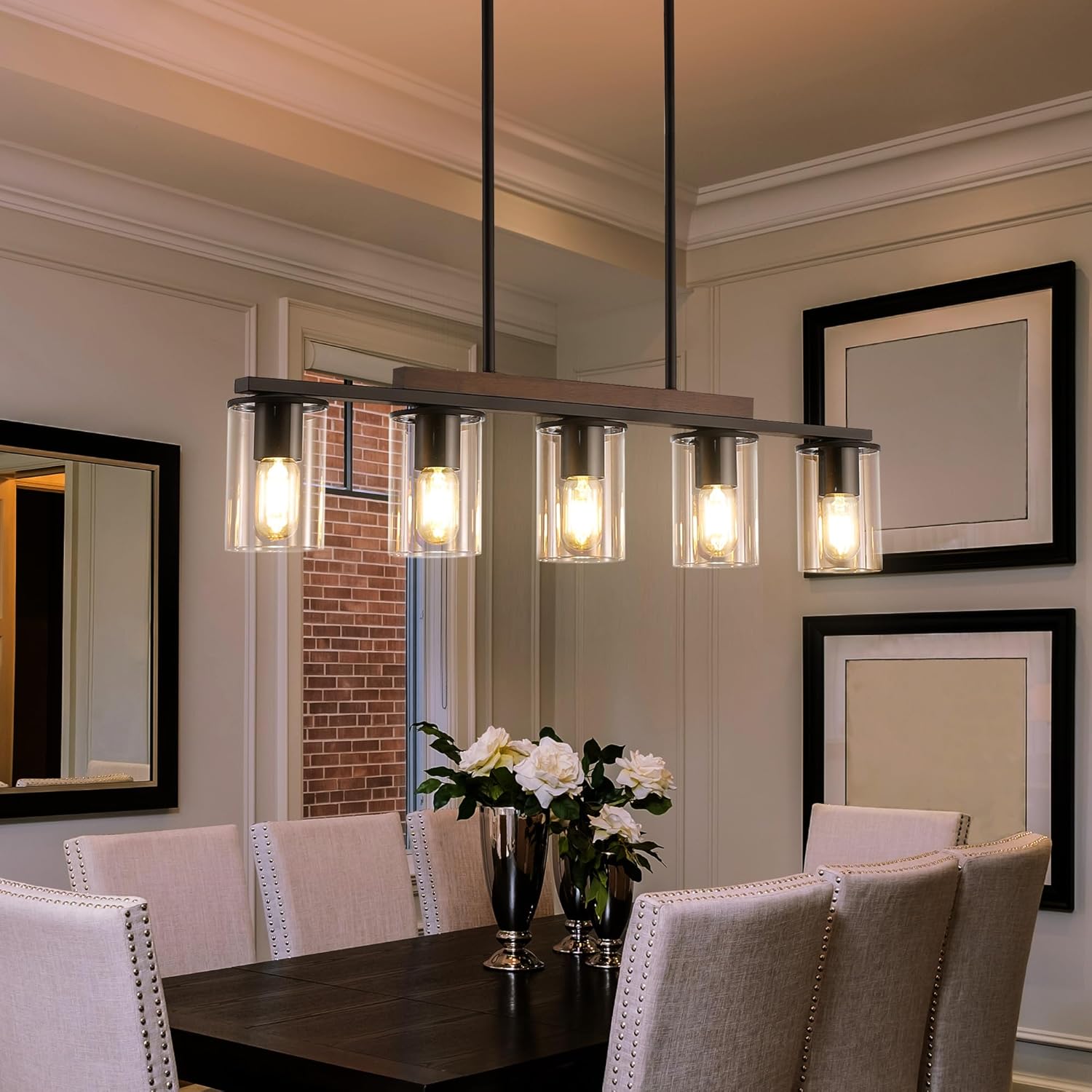 Iluminación de isla de cocina, 5 luces, lámpara colgante de araña lineal sobre mesa de comedor, sala de estar con varillas ajustables, negro y madera