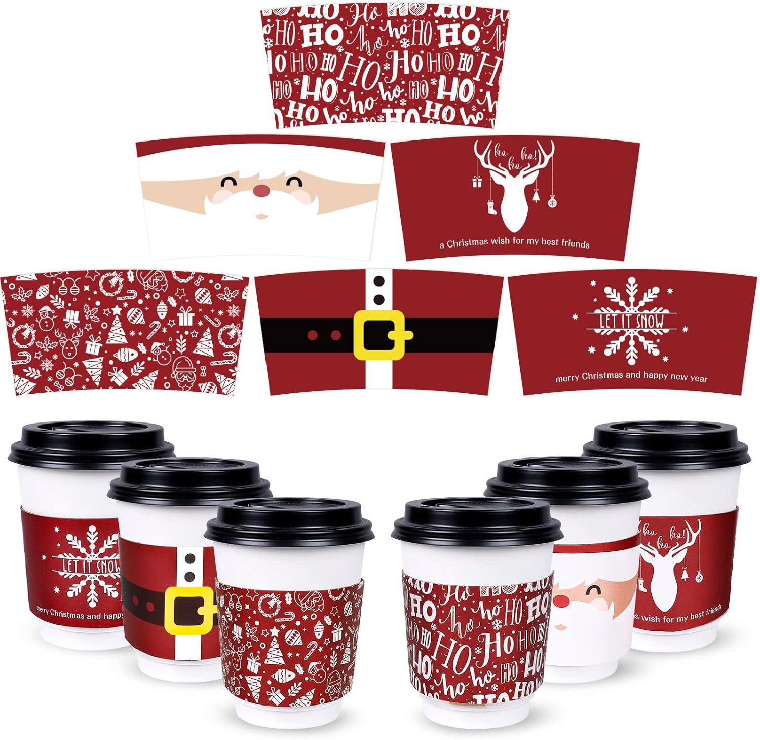 Whaline 60 fundas de papel de Navidad para taza de café, fundas de papel de Navidad rojas para tazas de papel de 12 y 16 onzas, Papá Noel, reno,
