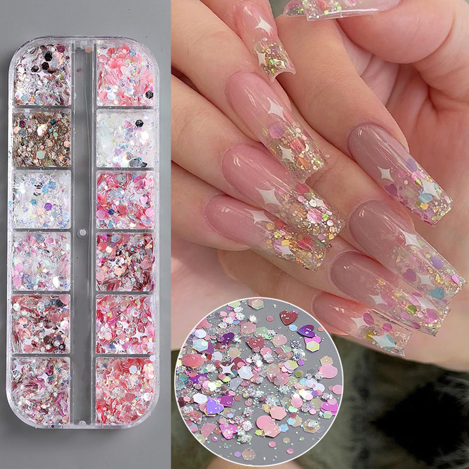 12 rejillas hexagonales de corazón con purpurina para uñas, lentejuelas holográficas de sirena, multicolor, diseño de copos de uñas, dijes de uñas