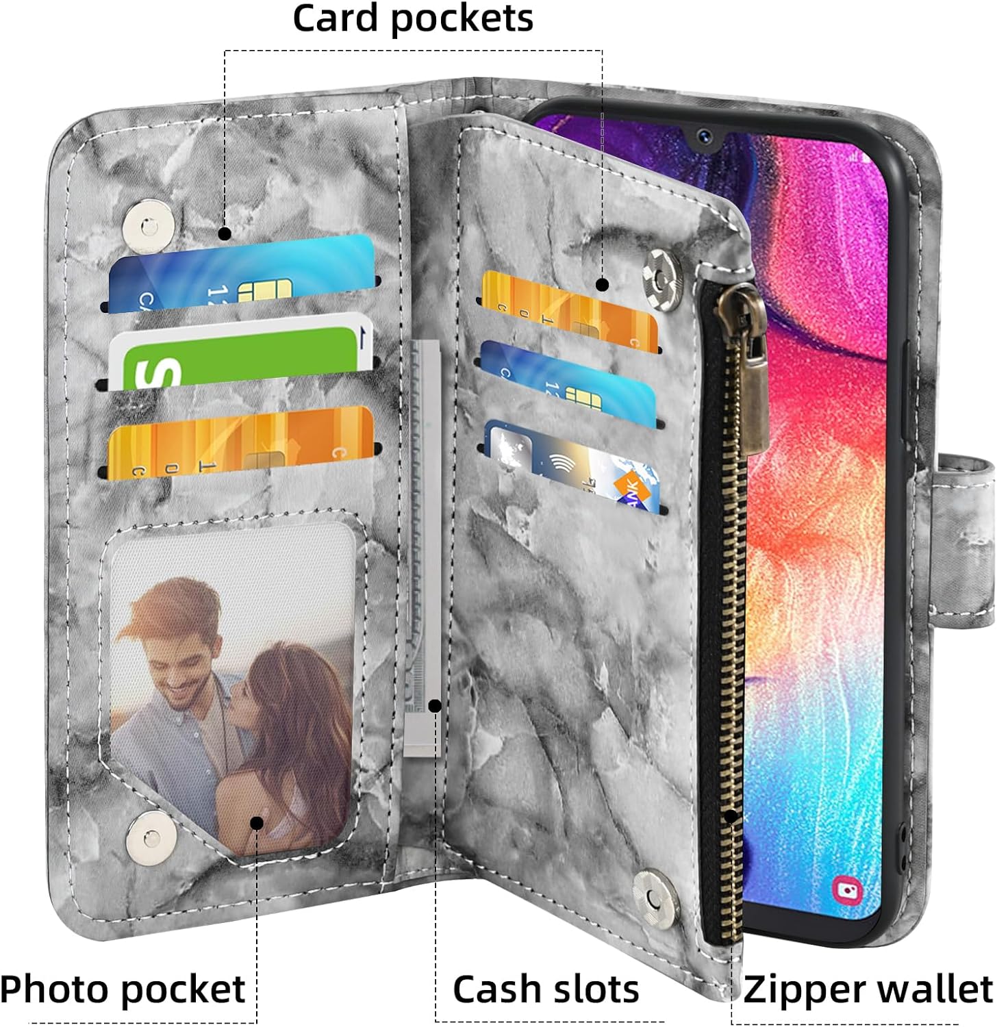 Asuwish Funda de teléfono para Samsung Galaxy A50 A50S A30S Wallet Cell Cover con protector de pantalla de vidrio templado y soporte de ranura para