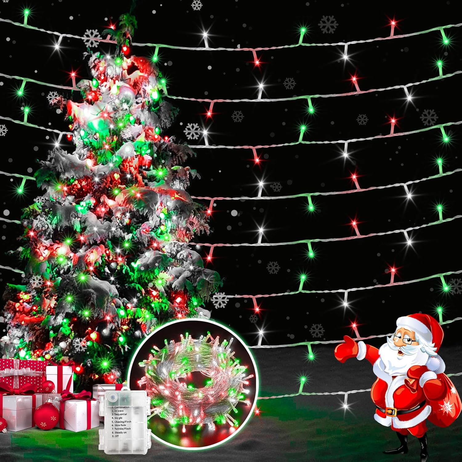 1 paquete de 60 luces LED de 16.4 pies cada uno, 16.4 pies, funciona con pilas, luces de árbol para interiores y exteriores, con temporizador, 8