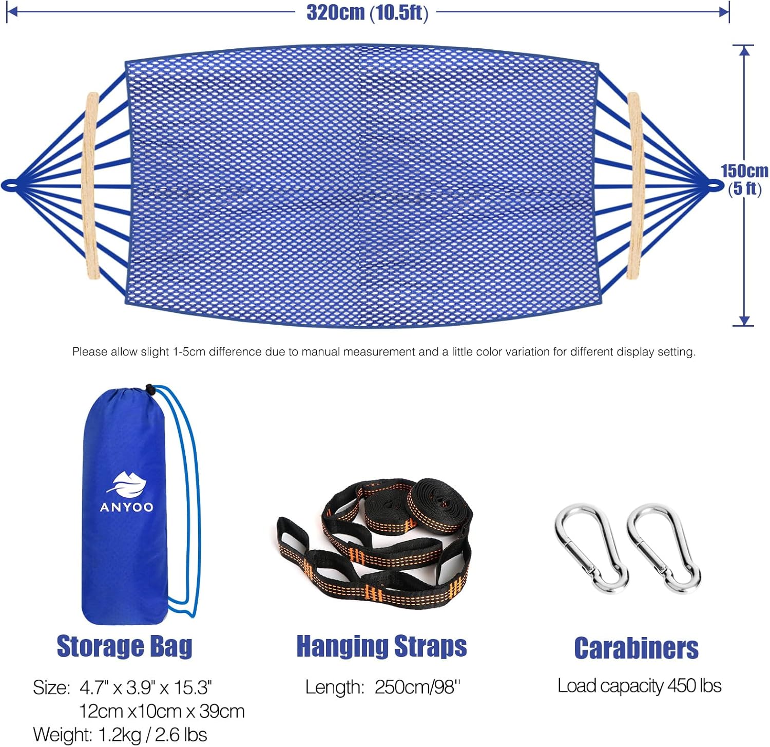 Anyoo Hamaca de camping de tela transpirable con barra esparcidora para colgar hamaca resistente de hasta 450 libras, hamaca portátil con bolsa de