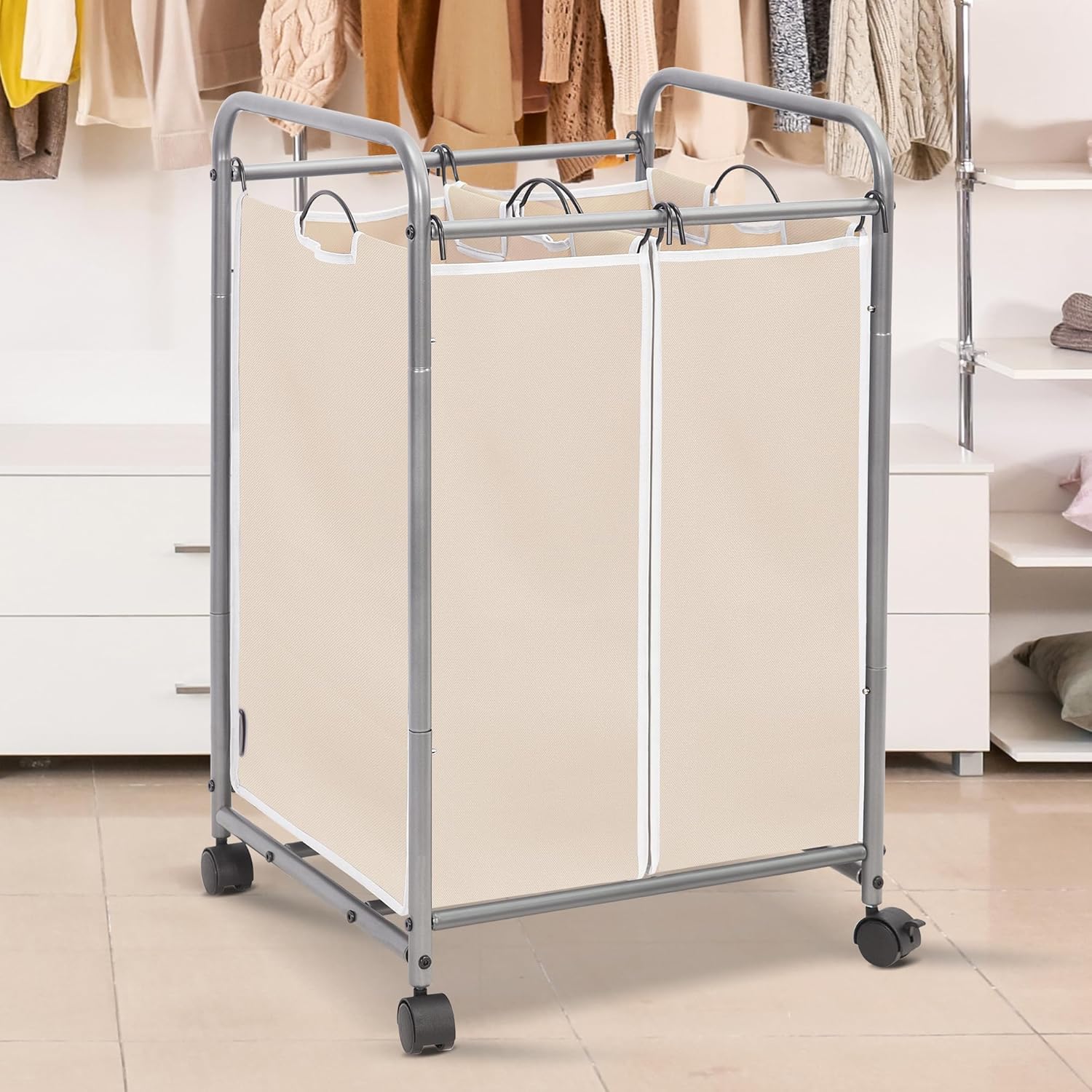 STORAGE MANIAC Clasificador de ropa sucia de 2 secciones, cesta de lavandería de 90 L con ruedas, clasificador de cestas de lavandería, cesta
