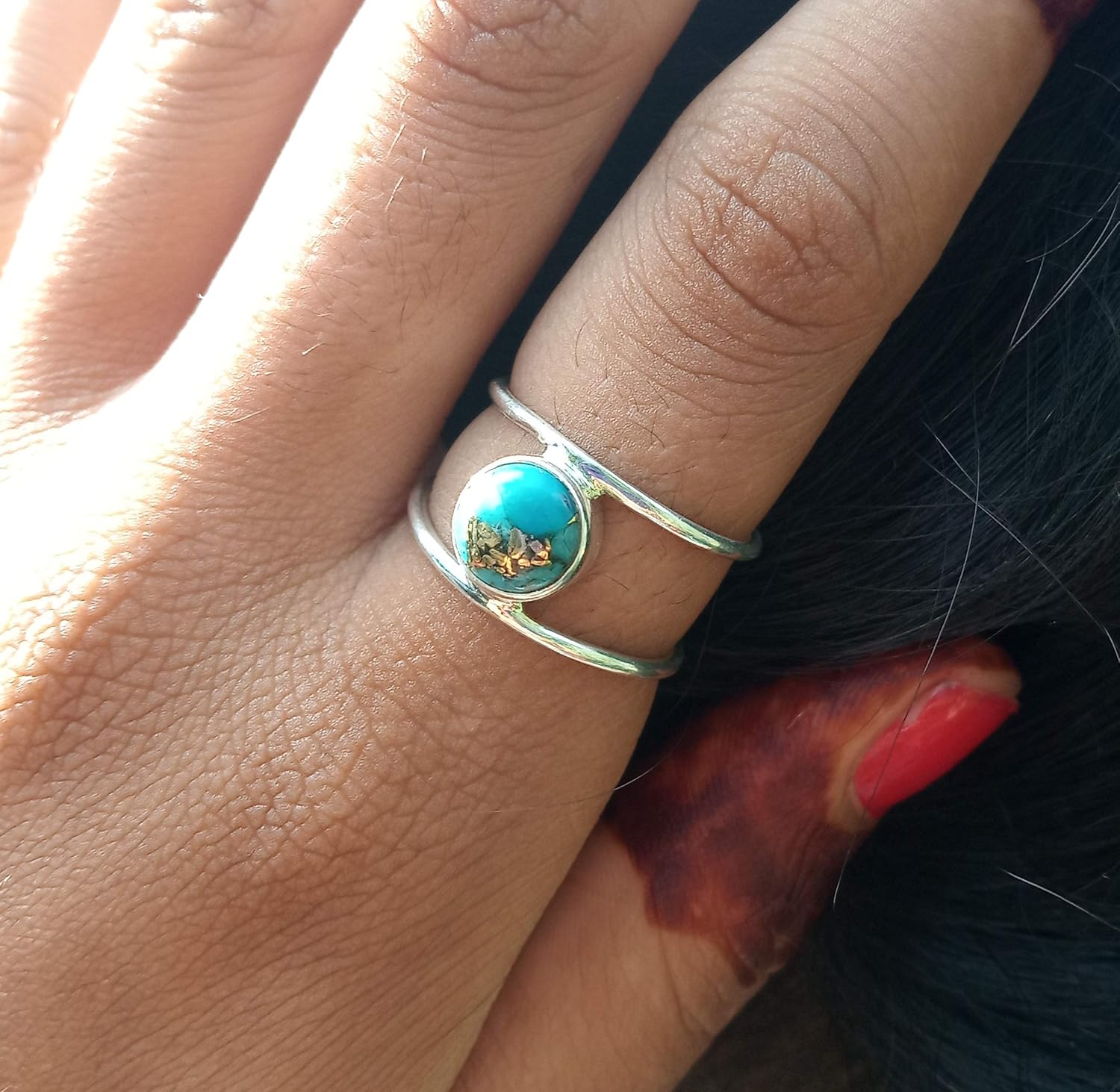 Blue Copper Turquoise Ring, 925 Sterling Silver Ring, Double Band Ring, December Birthstone Ring, Gothic Ring, Wedding Ring, Gift For Her, Gypsy