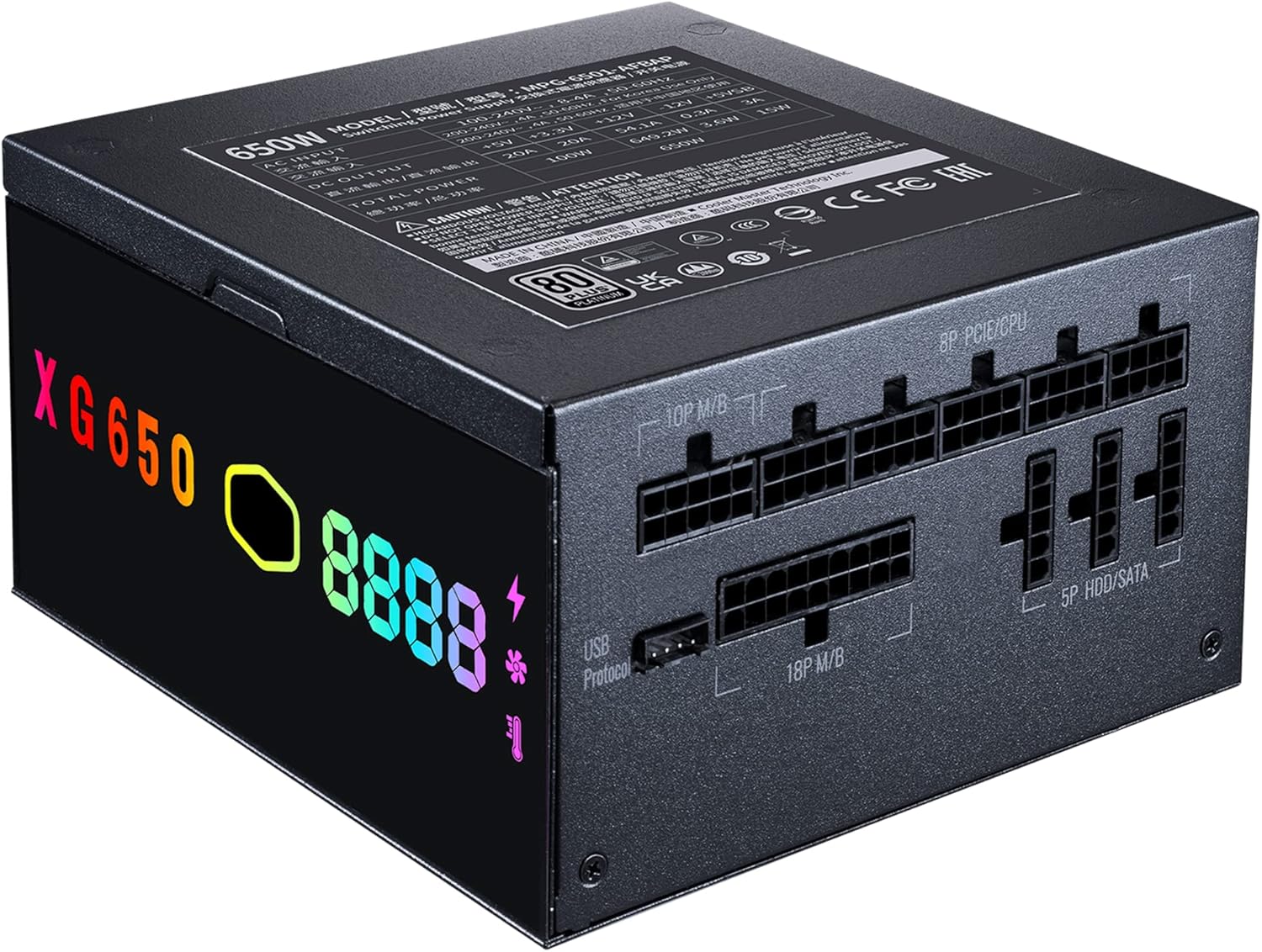 Cooler Master XG650 Plus Platinum ARGB totalmente modular, 650W, panel de visualización de información incorporado, ventilador silencioso ARGB 5.315